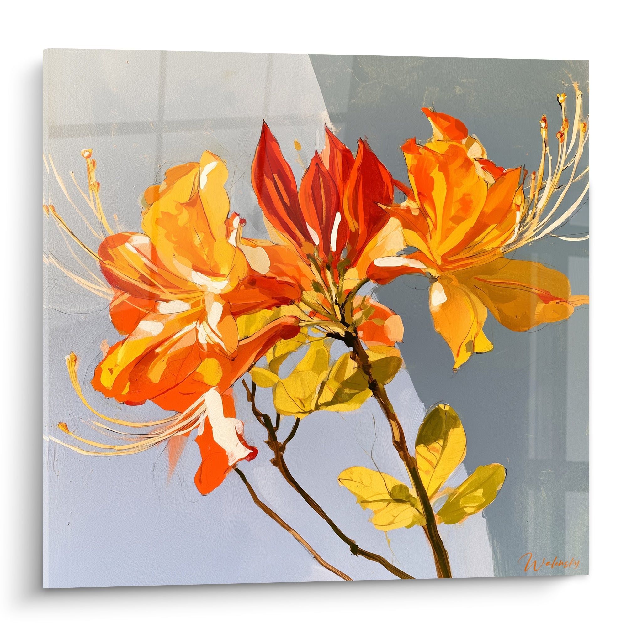 Azalée aux pétales orange et rouge sur fond gris pastel, style pictural expressif et lumineux