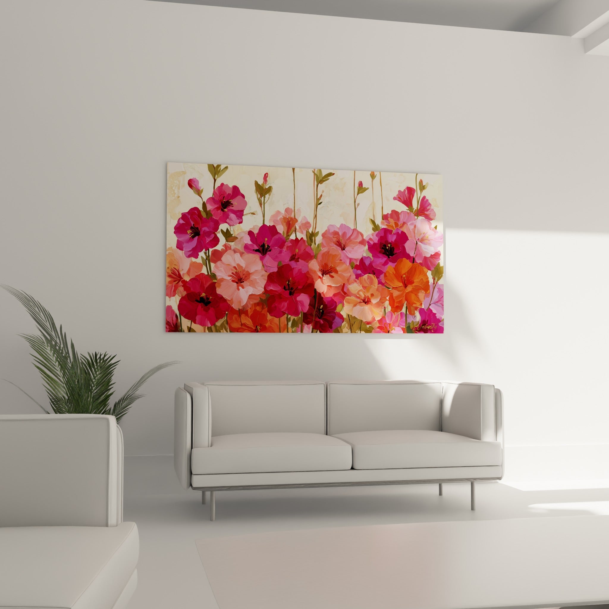 Massif floral fuchsia et orangé aux tiges vertes, suspendu au-dessus d'un canapé dans un salon lumineux