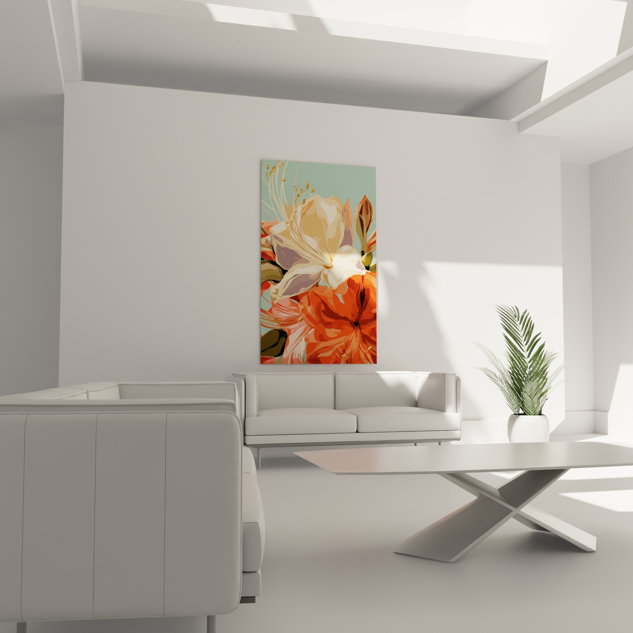 Fleurs d'azalée corail et lavande peintes, suspendues au-dessus d'un canapé dans un salon lumineux