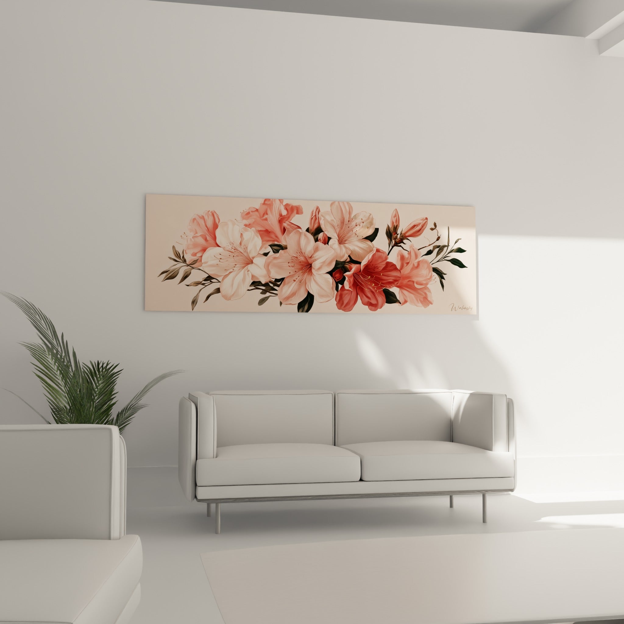 Fleurs d'azalée corail et blanc rosé aux nervures fines, au-dessus d'un canapé dans un salon lumineux.