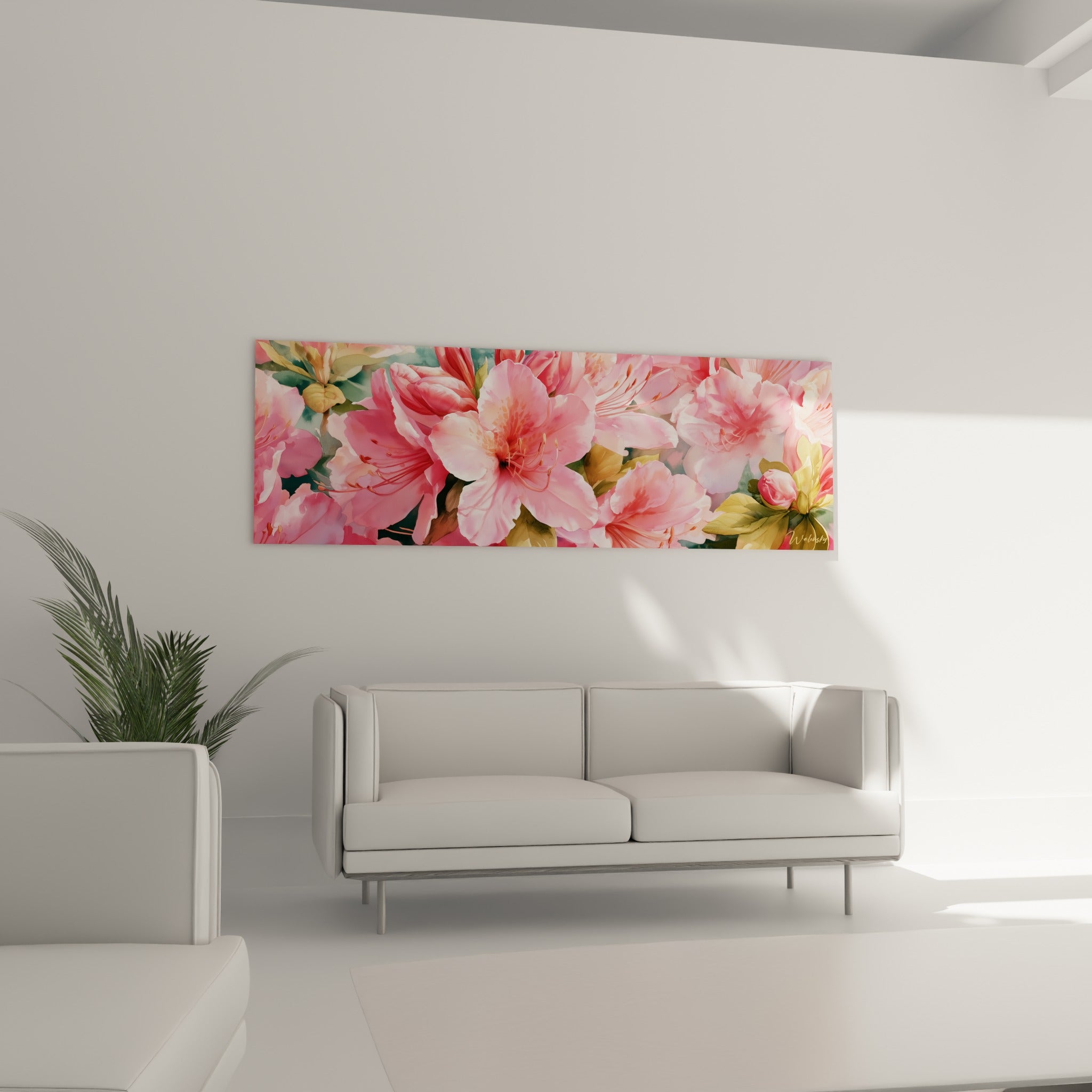 Fleurs d'azalée rose poudré et vert olive accrochées au-dessus d'un canapé dans un salon lumineux