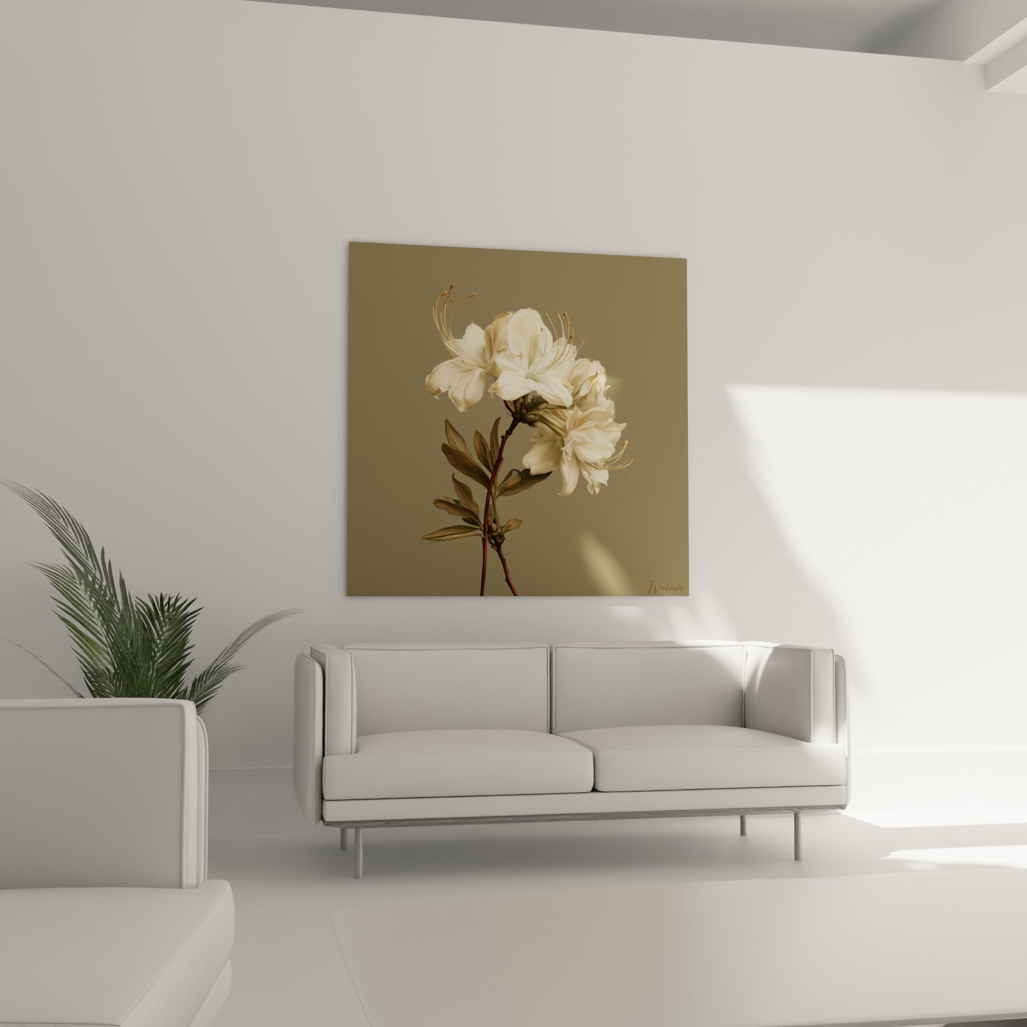 Fleurs d'azalée blanches et vertes délicates au-dessus d'un canapé dans un salon lumineux