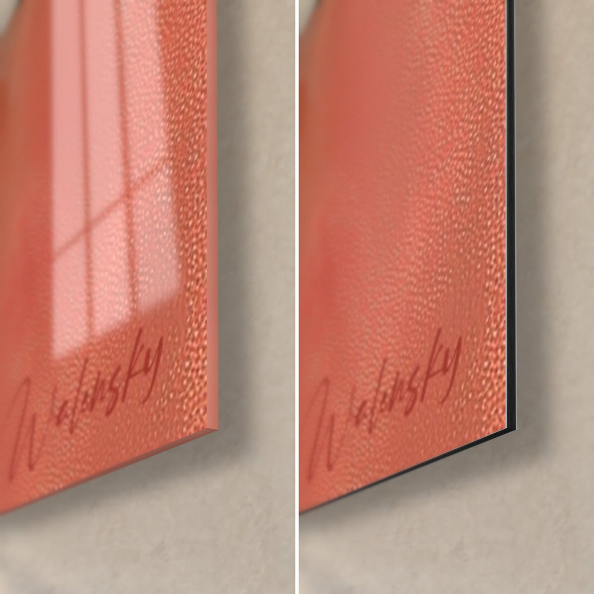 Tableau bouquet d'azalées rose et corail, coin bas droit : verre acrylique brillant à gauche, alu Dibond mat et tranche noire de 3 mm à droite