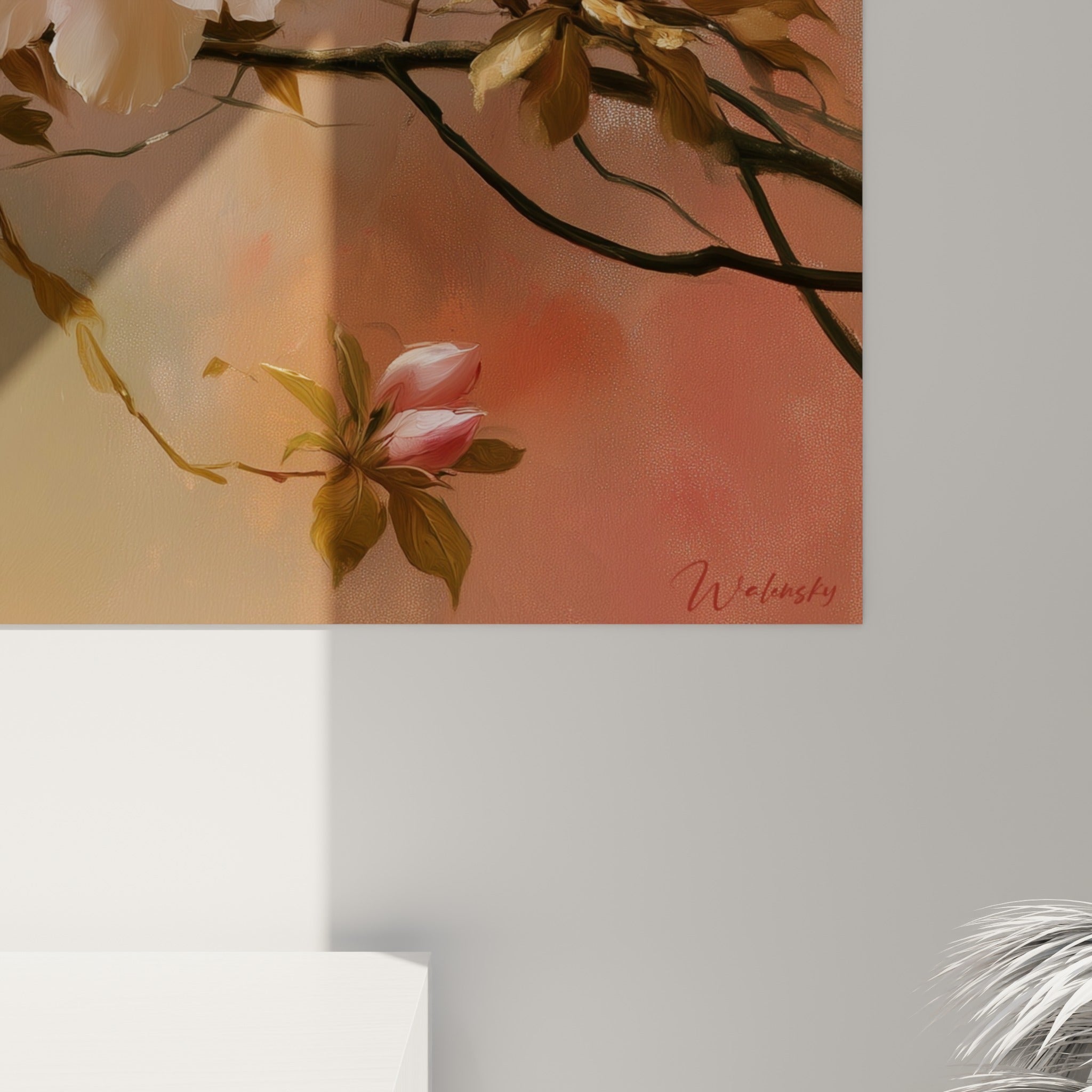 Pétales d'azalées blancs et fuchsia en gros plan, empâtements et coulures visibles sur la toile
