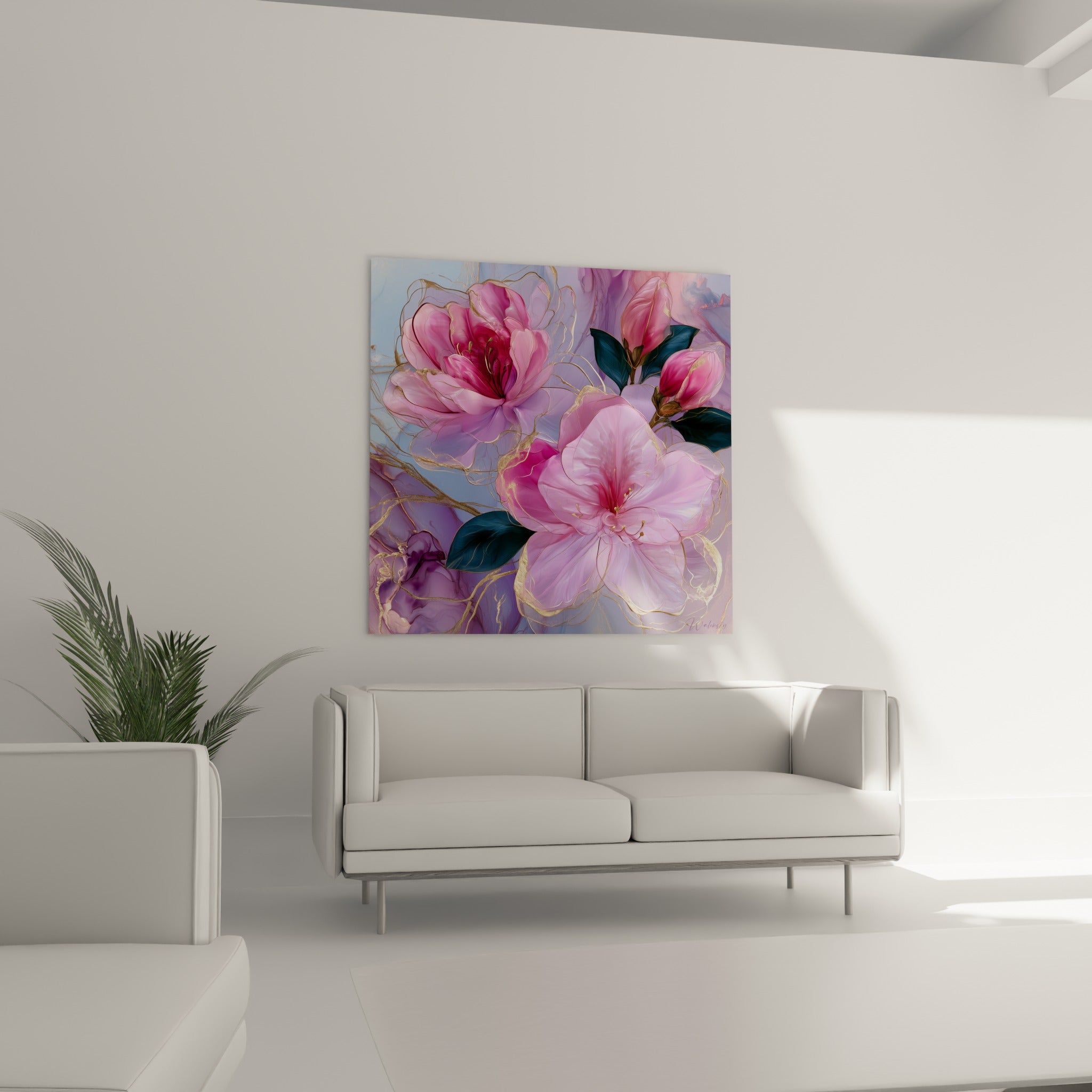 Pétales d'azalée rose et magenta bordés d'or sur fond bleu pastel, au-dessus d'un canapé dans un salon lumineux