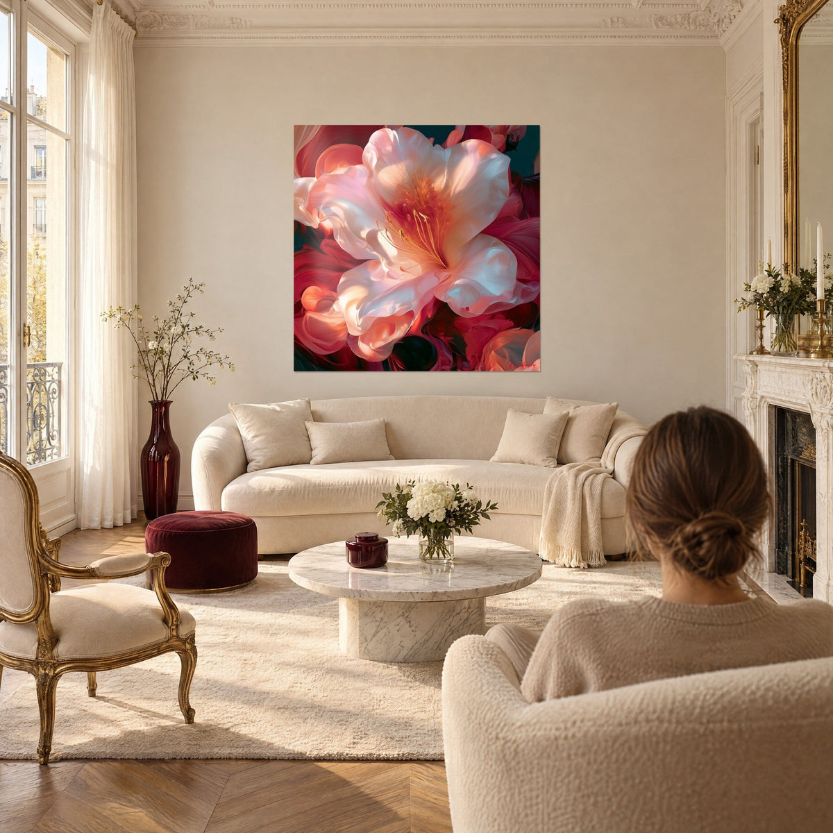 Tableau azalée blanche aux pétales nacrés rose et corail, cœur doré, au-dessus d'un canapé dans un salon lumineux