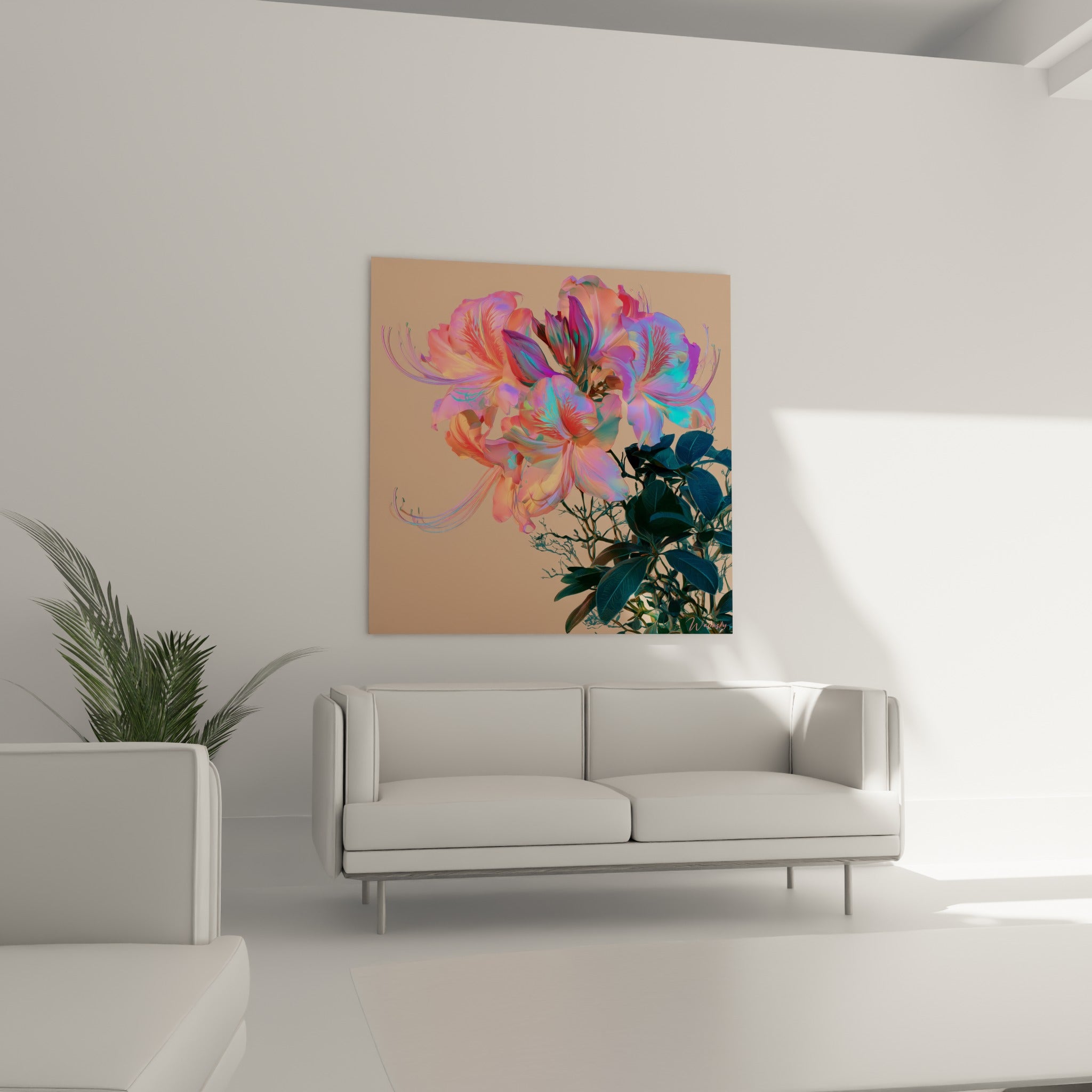 Fleurs d'azalée turquoise et rose saumon aux étamines fines, au-dessus d'un canapé dans un salon lumineux