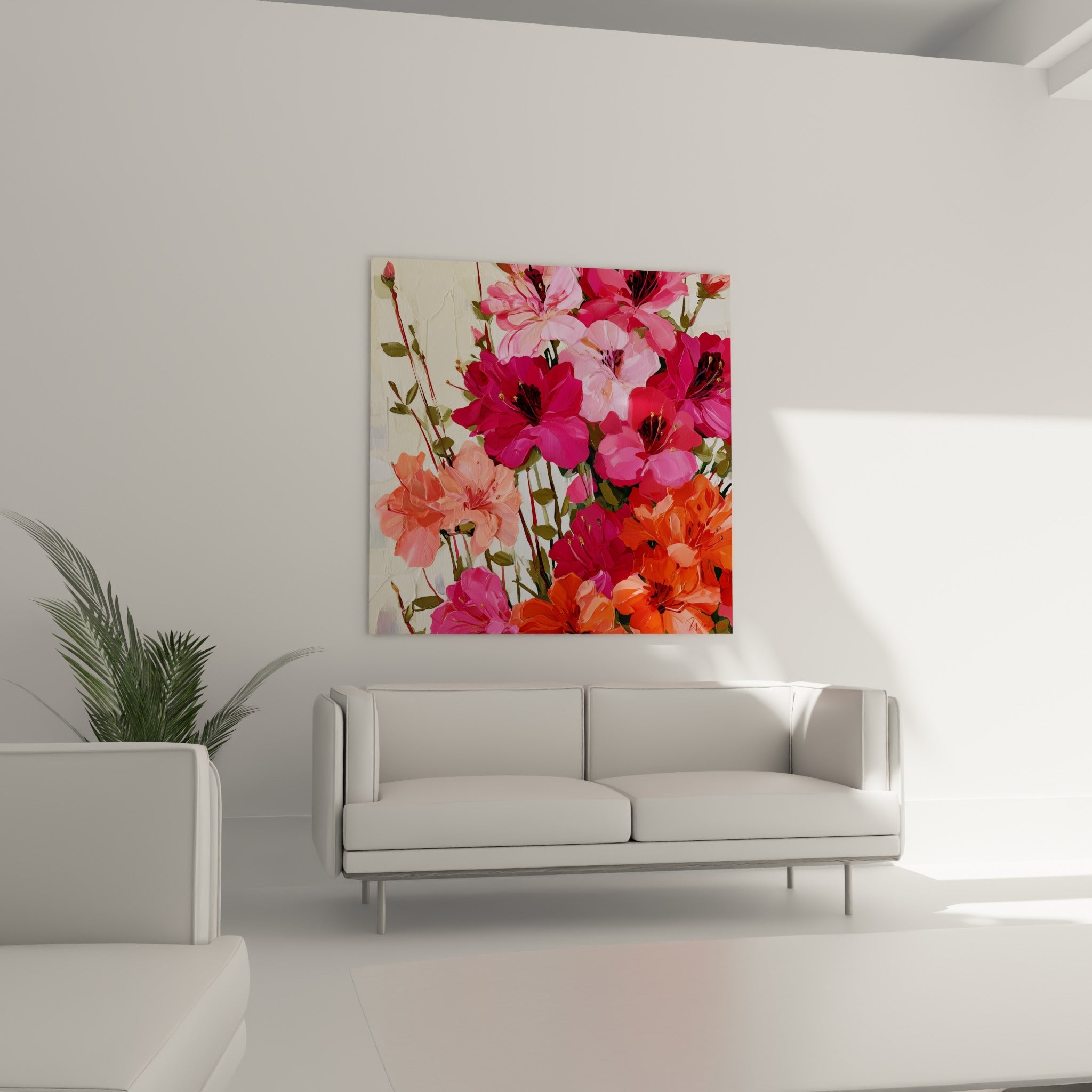 Corolles d'azalée fuchsia et pêche déployées au-dessus d'un canapé dans un salon lumineux