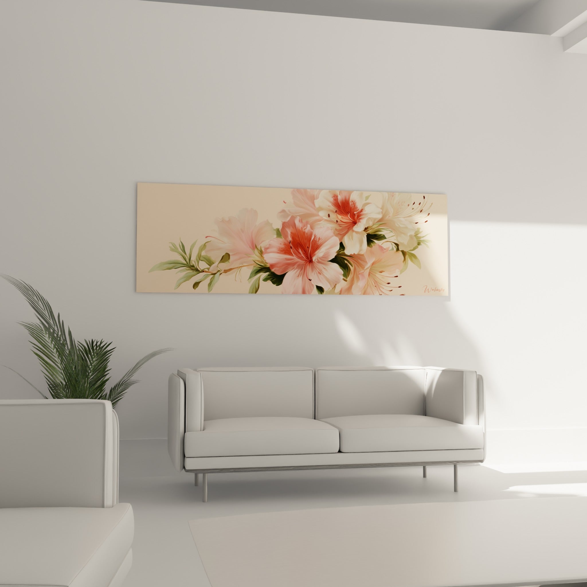 Fleurs d'azalée rose tendre et blanches, disposées au-dessus d'un canapé dans un salon lumineux