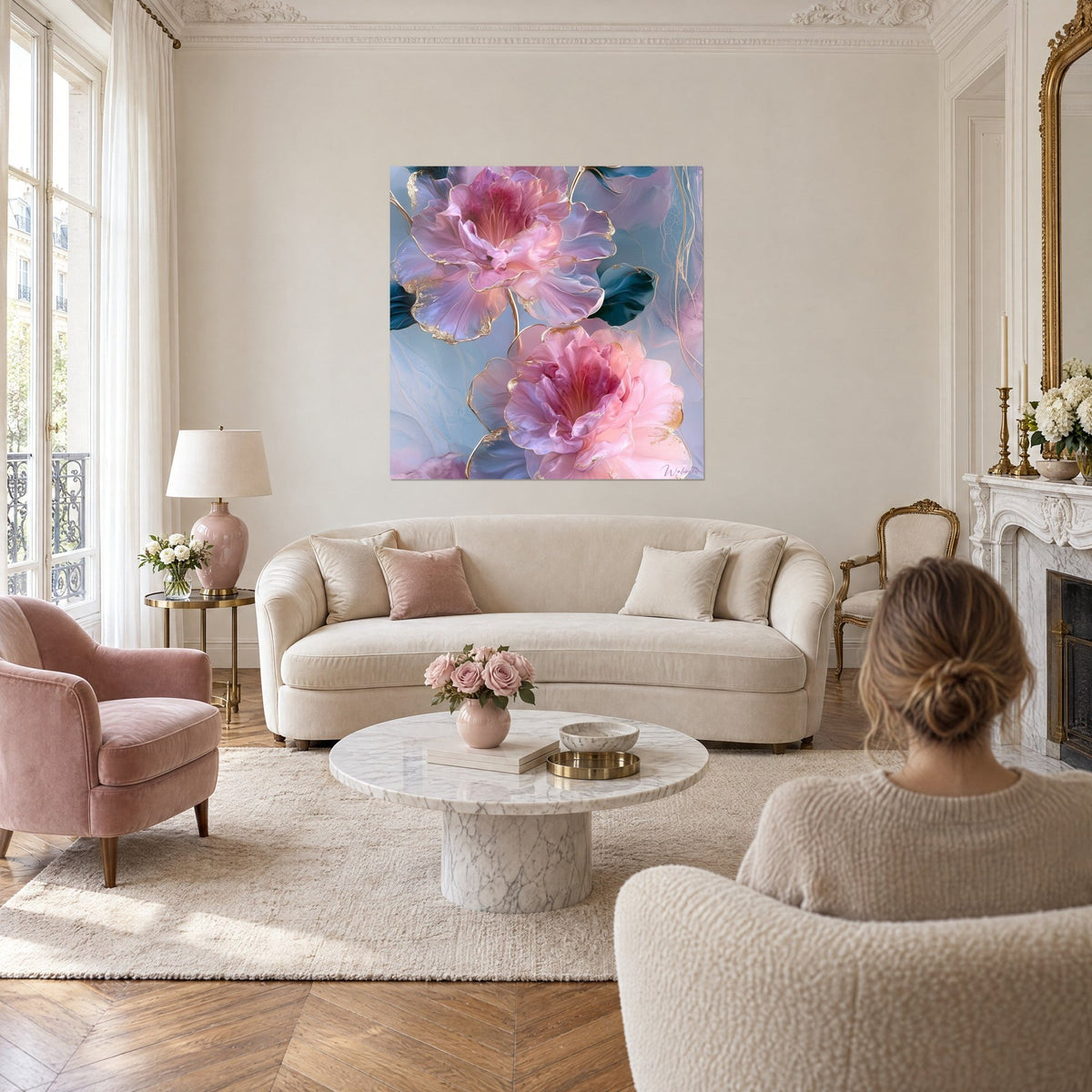 Quadro azalee rosa satinato con bordi dorati su fondo azzurro polvere, due persone di spalle, sopra un divano in un soggiorno luminoso