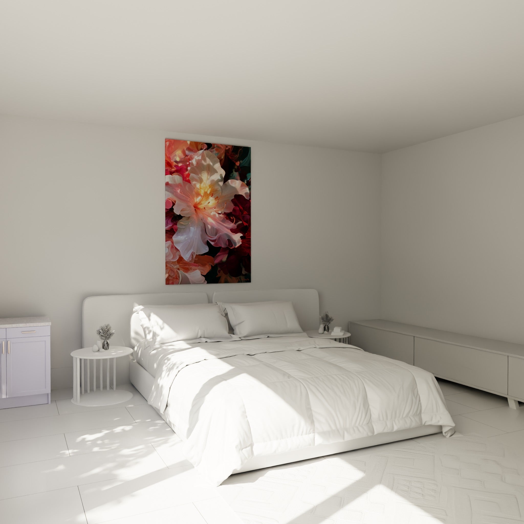 Pétales d'azalée blancs et roses illuminés au-dessus d'un lit dans une chambre claire