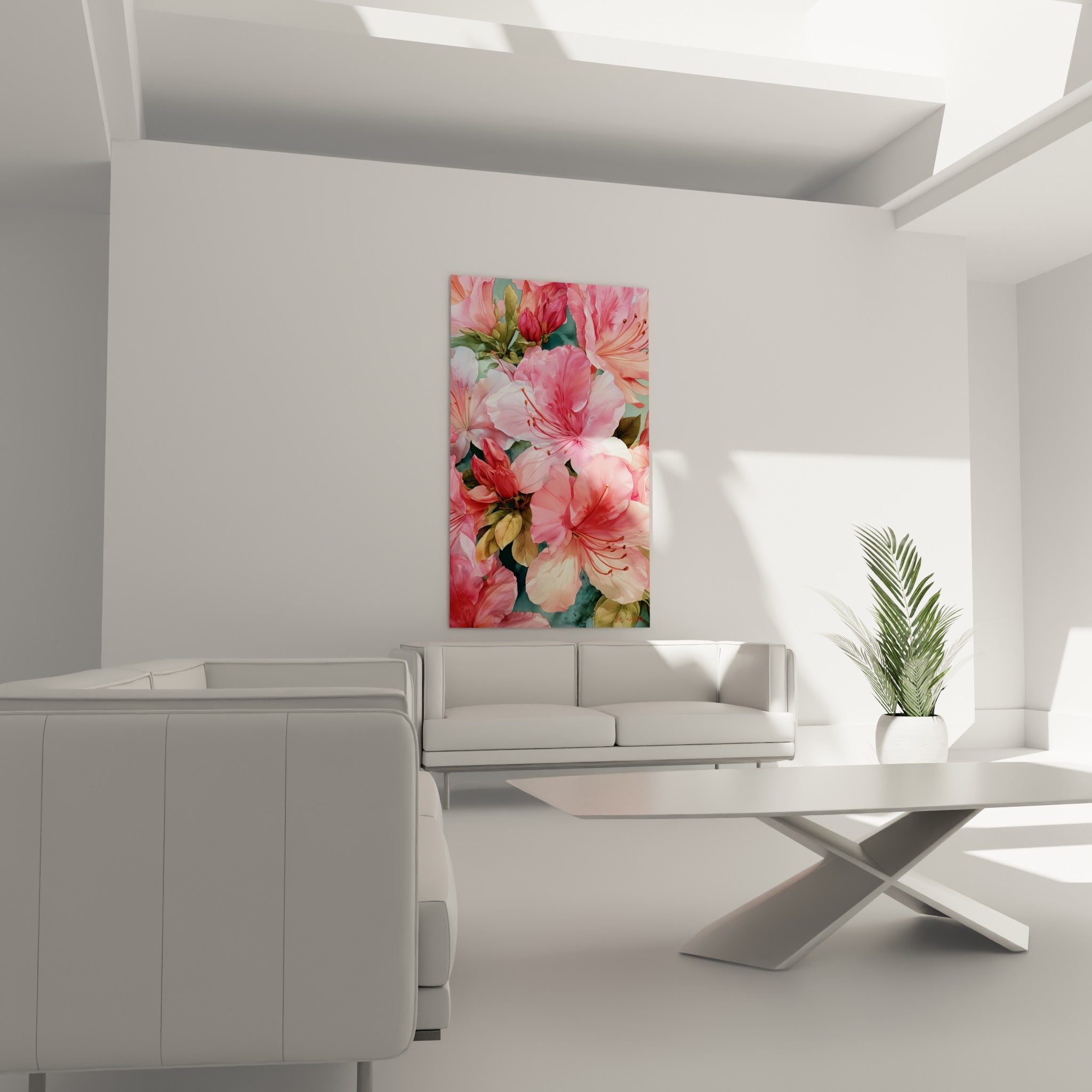 Fleurs d'azalée rose poudré et vert olive, suspendues au-dessus d'un canapé dans un salon lumineux