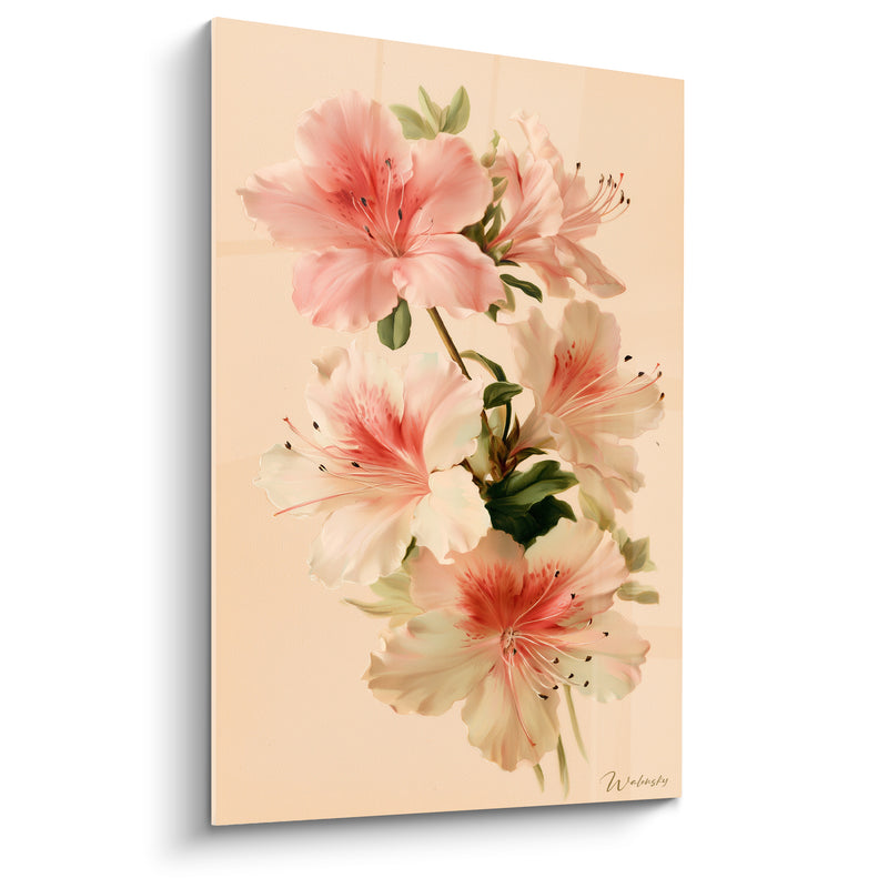 Tableau Fleurs roses et ivoire aux étamines noires piquetées - Grappe sur tige souple - Edition Azalée