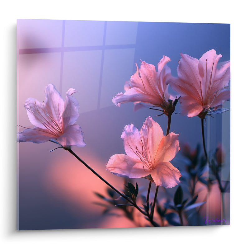 Tableau Fleurs roses et bleu lumière fenêtre - Lueur du crépuscule - Edition Azalée