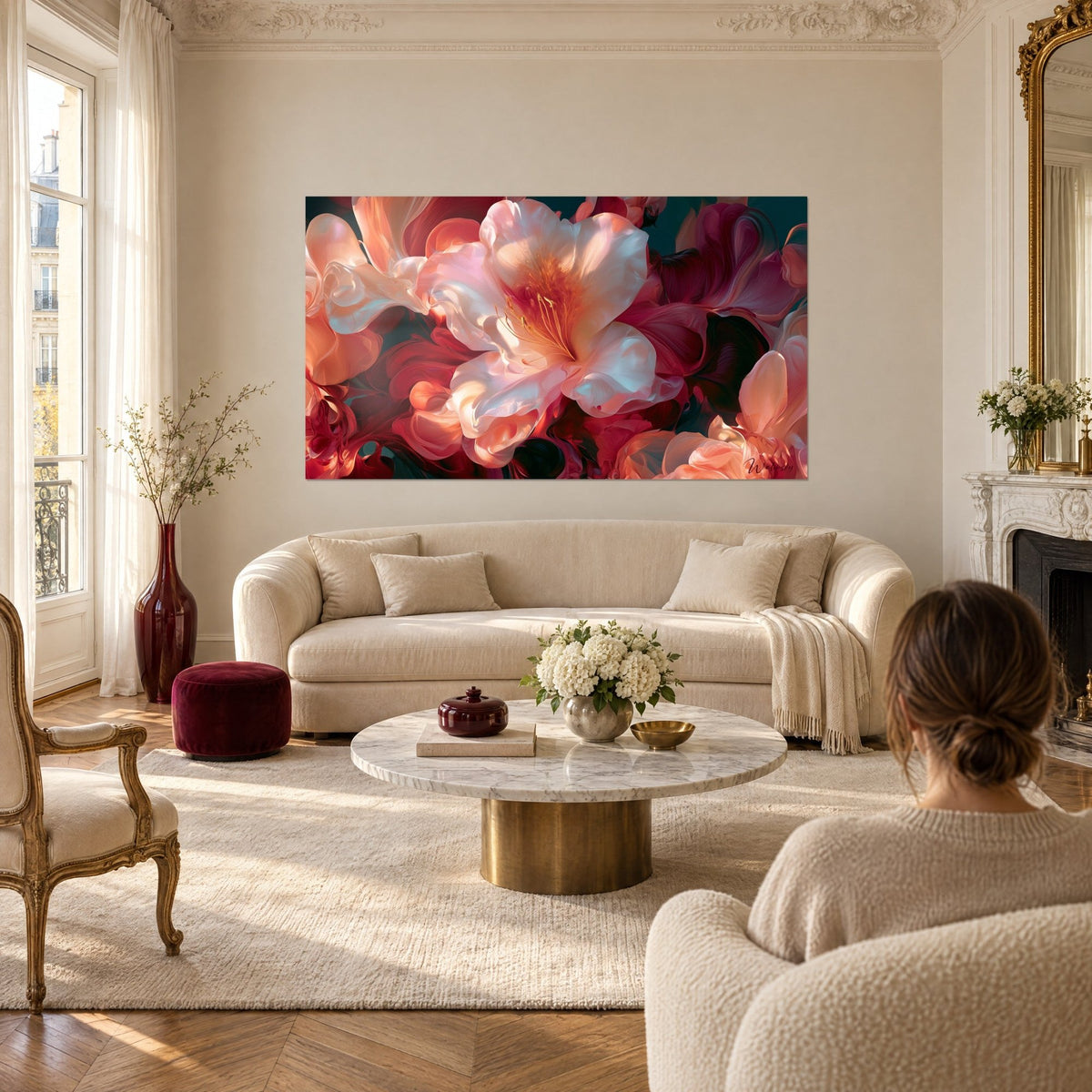Quadro azalea bianca con stami dorati, petali rosa pallido e rosso cremisi, sopra un divano in un soggiorno luminoso