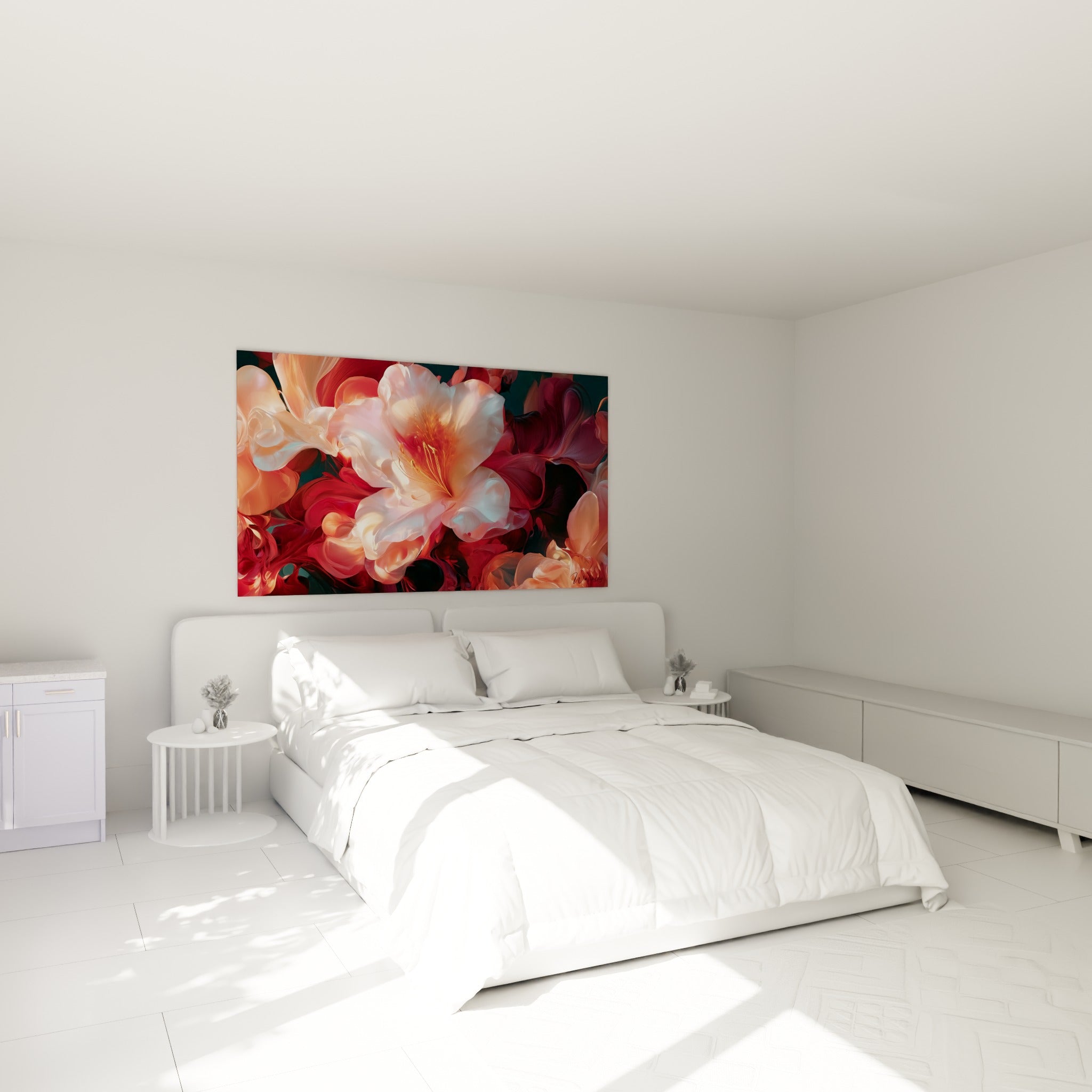 Pétales blancs et roses d'azalée illuminés d'orangé, accrochés au-dessus d'un lit dans une chambre claire
