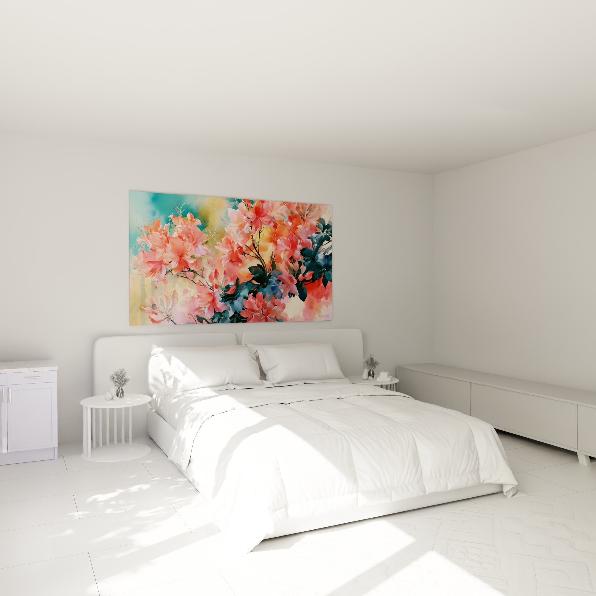 Grappes d'azalées roses et corail au-dessus d'un lit dans une chambre claire, ambiance aquarelle douce