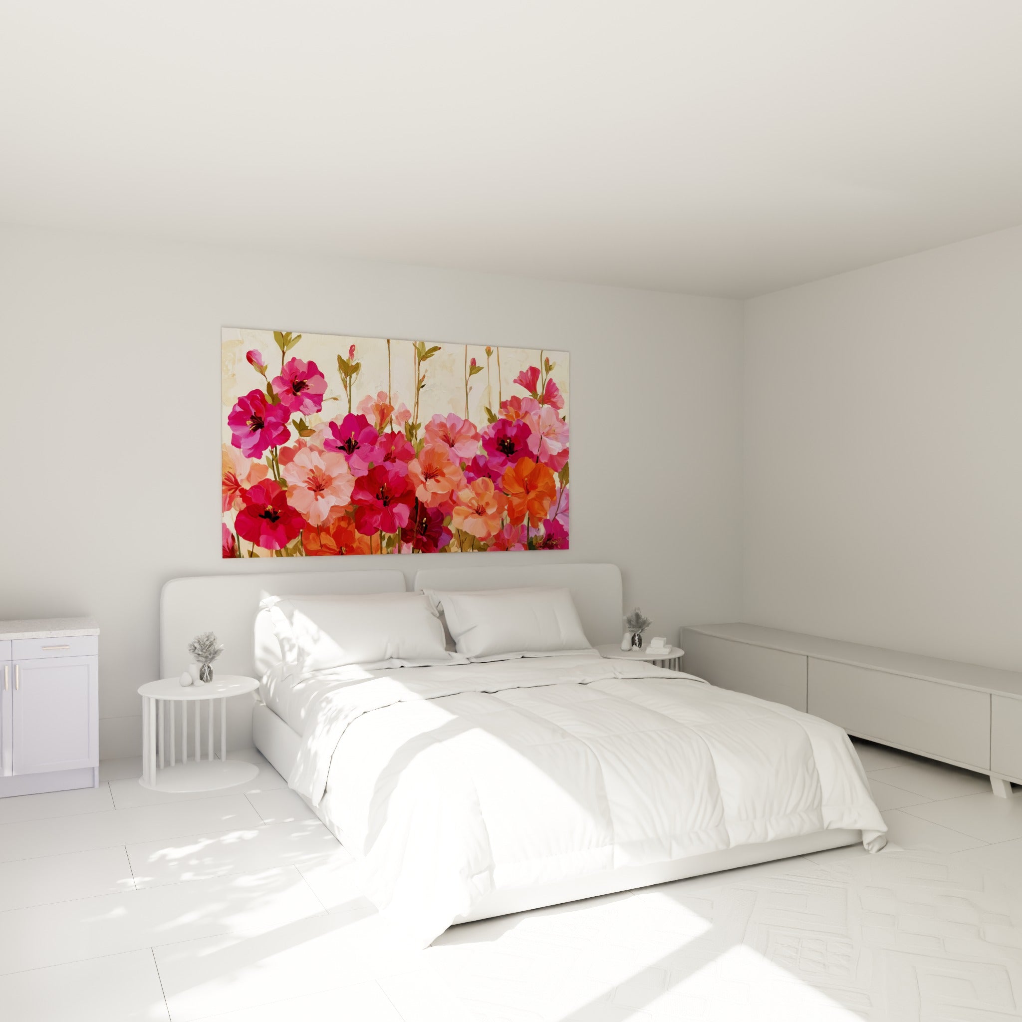 Bouquet d'azalées roses et corail peint, accroché au-dessus d'un lit dans une chambre claire