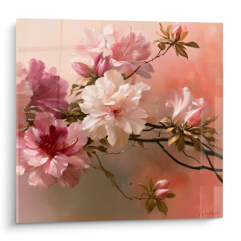 Tableau Fleurs blanches et magenta sur branche noueuse - Bourgeons dorés en grappe - Edition Azalée