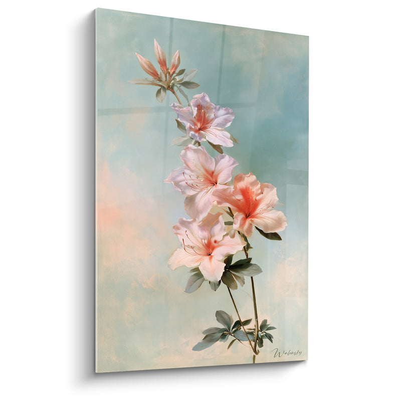 Tableau Fleurs rose pâle et corail sur fond bleu pastel - Bourgeon effilé penché - Edition Azalée