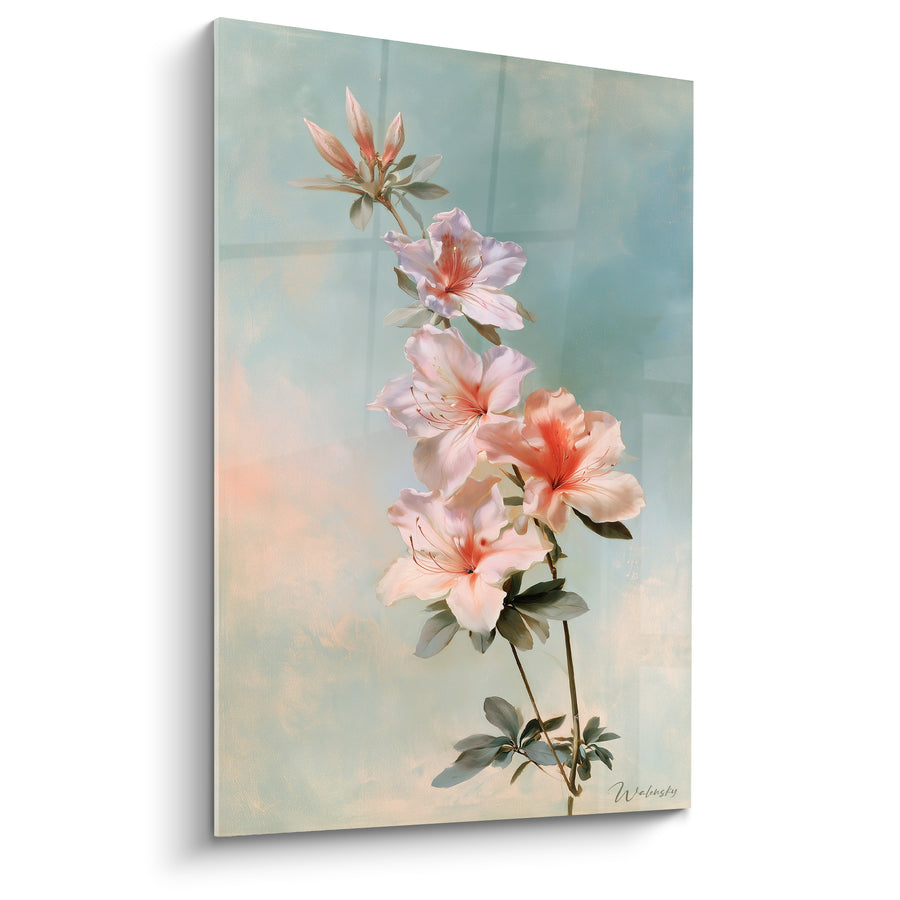 Tableau Fleurs rose pâle et corail sur fond bleu pastel - Bourgeon effilé penché - Edition Azalée