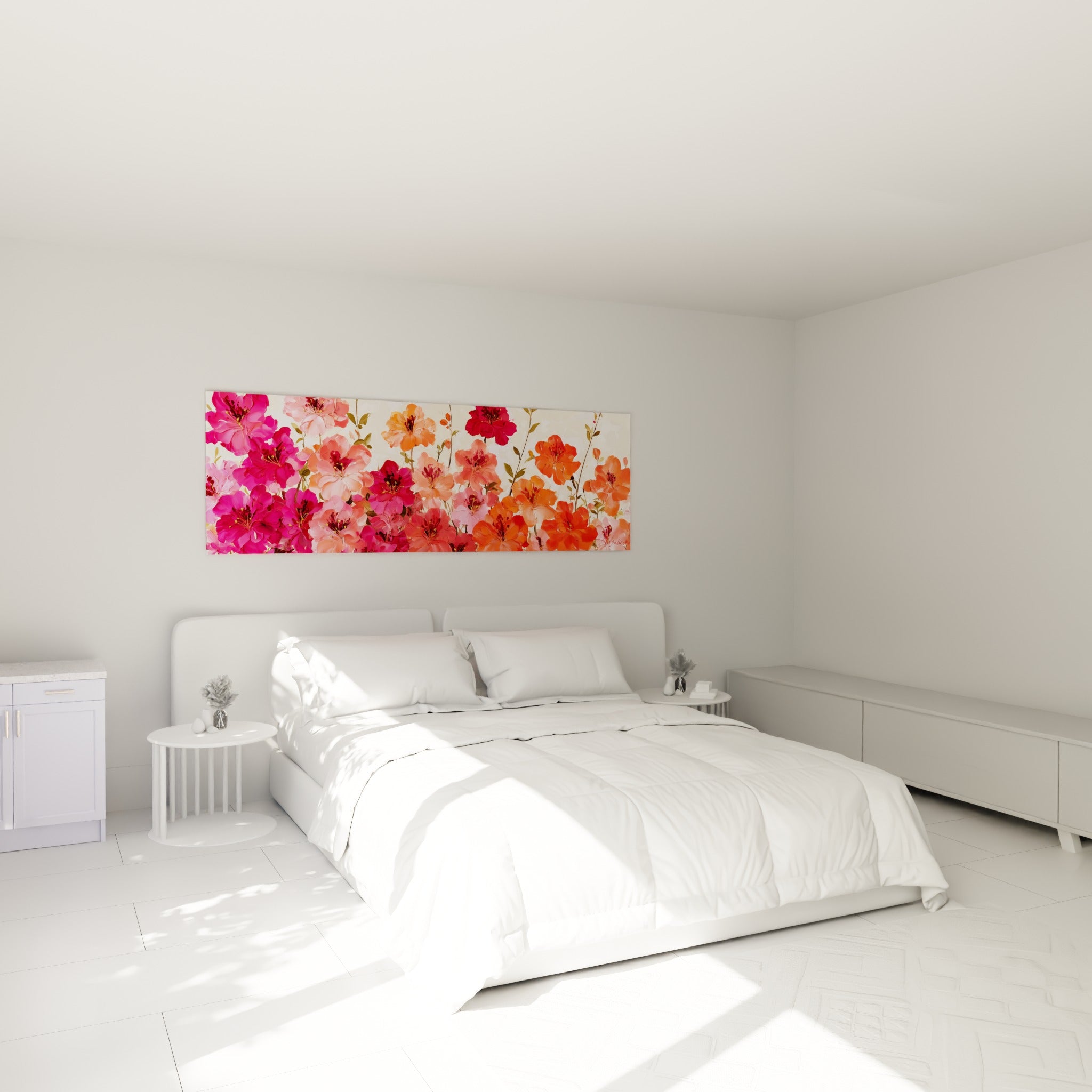 Massif d'azalées roses et orangées peint avec touche libre, au-dessus d'un lit dans une chambre claire