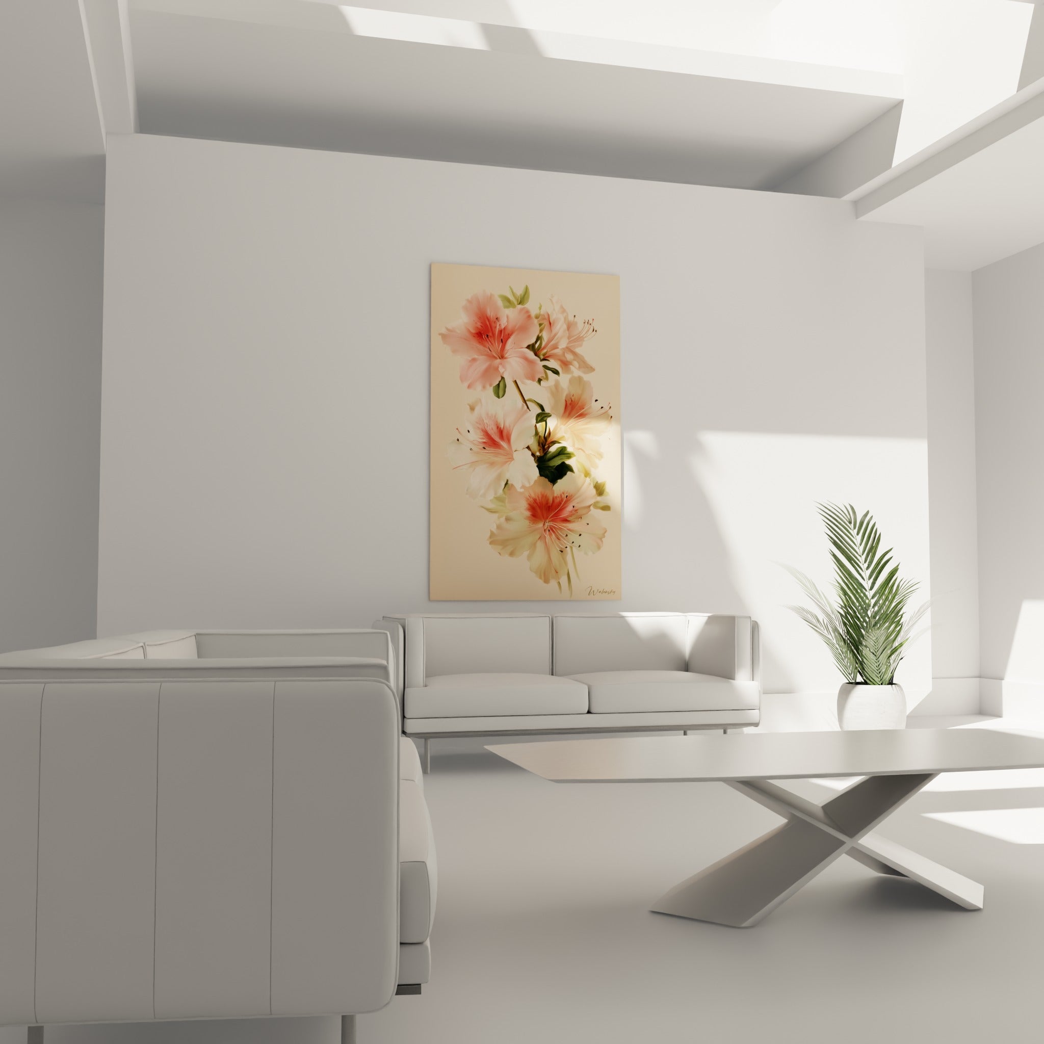 Fleurs d'azalée rose vif et blanc crème positionnées au-dessus d'un canapé dans un salon lumineux