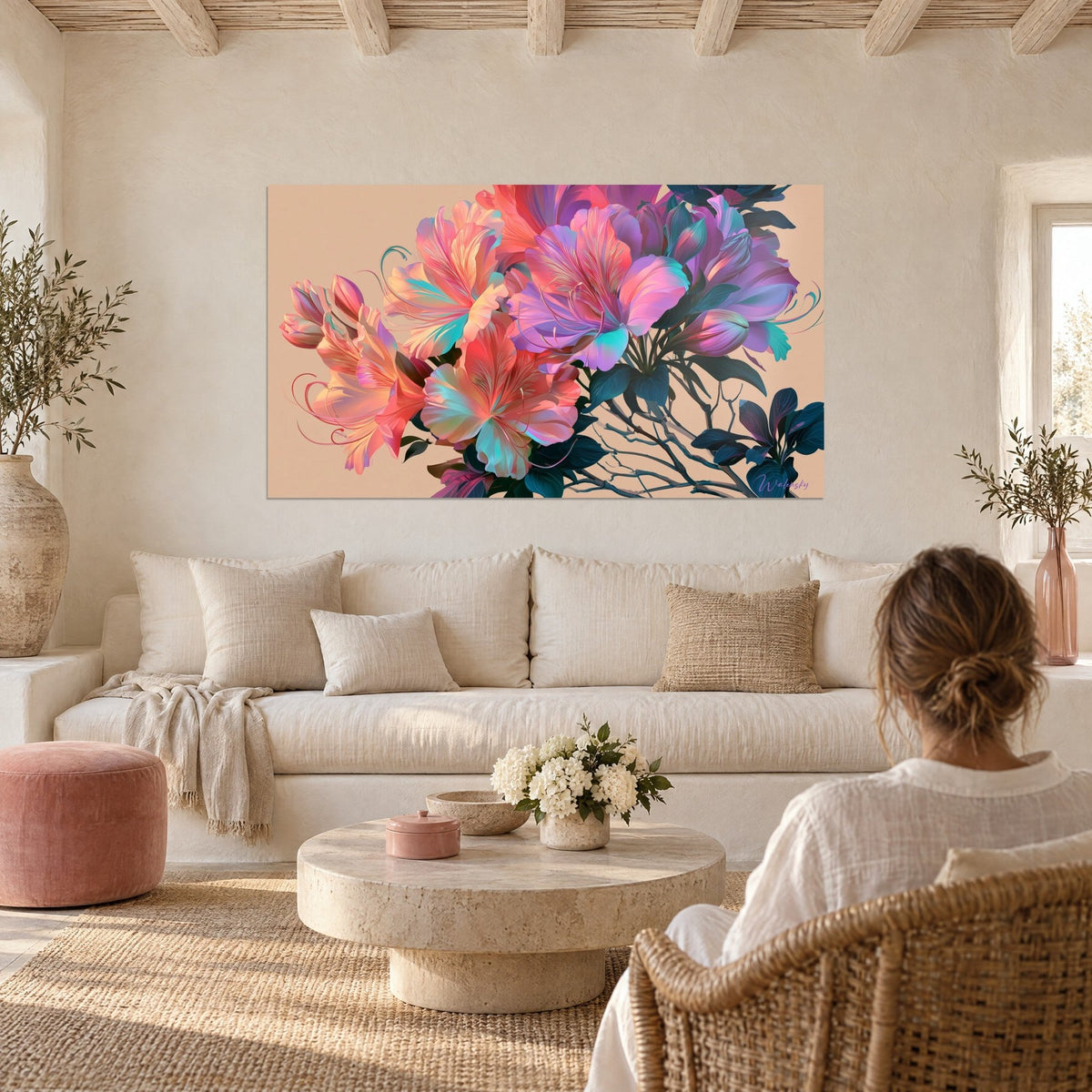 Quadro di azalee iridescenti in corallo e viola, petali turchesi su fondo beige, sopra un divano in un soggiorno luminoso