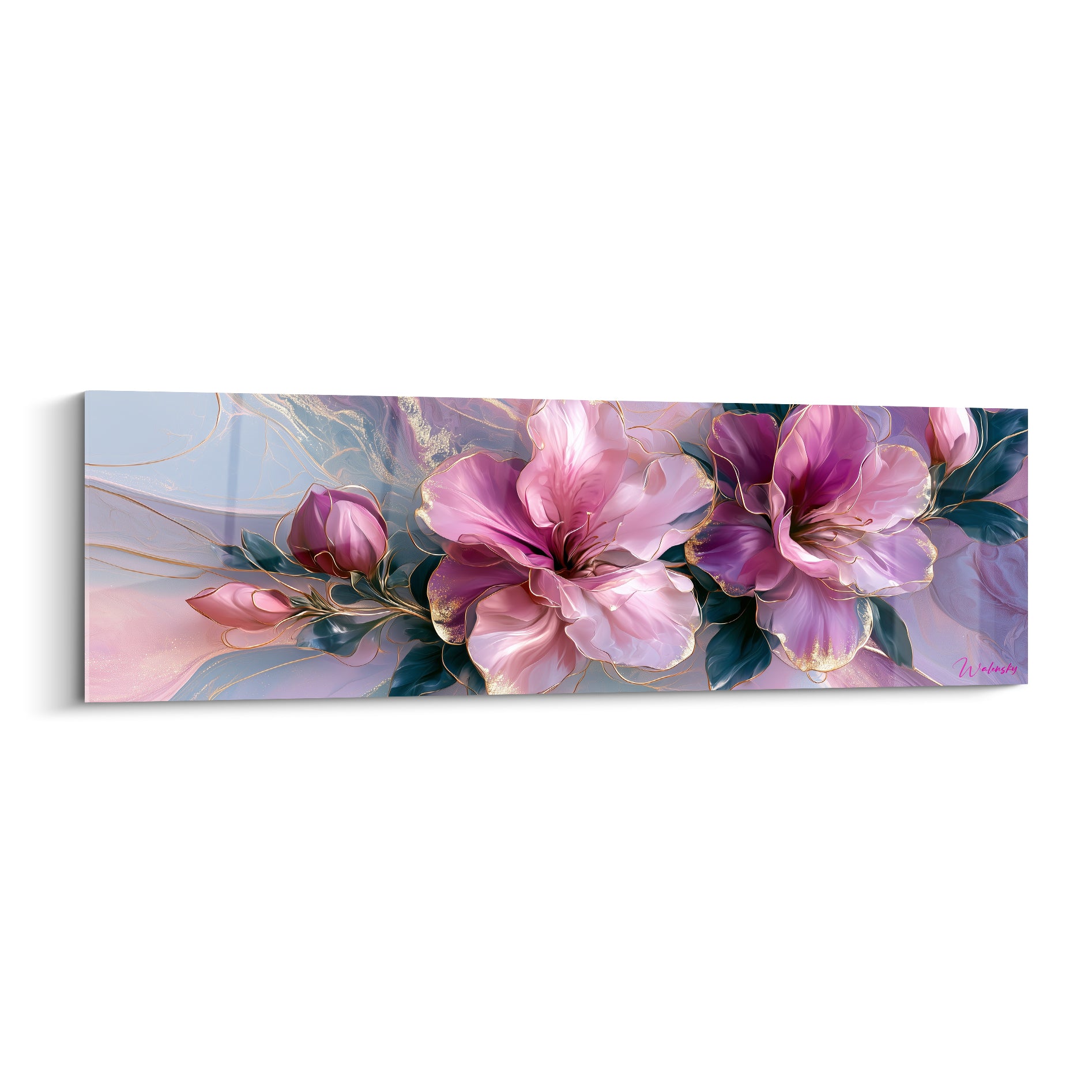 Azalée rose et violette aux liserés dorés sur fond bleu pastel marbré
