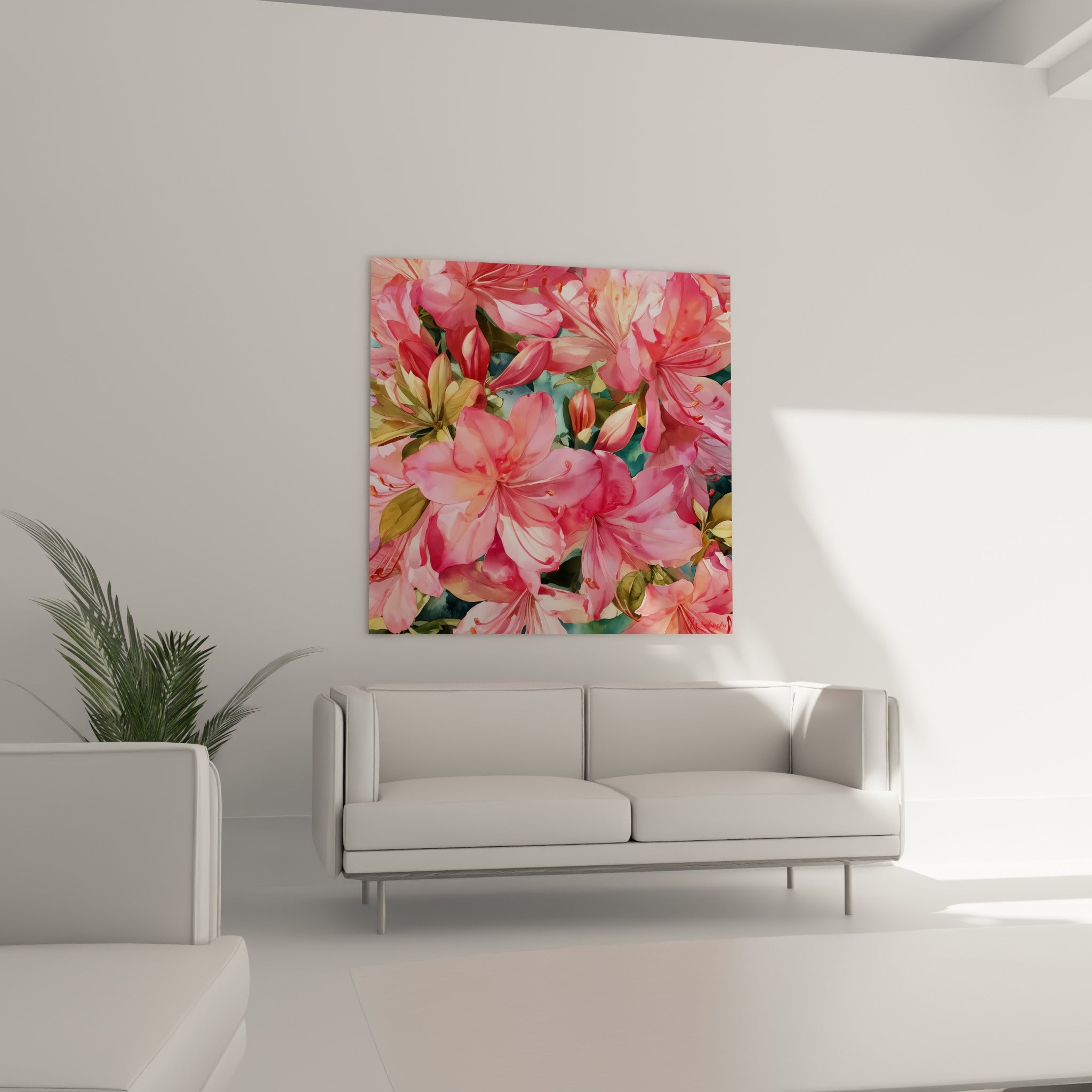 Pétales d'azalée corail et rose intense disposés au-dessus d'un canapé dans un salon lumineux
