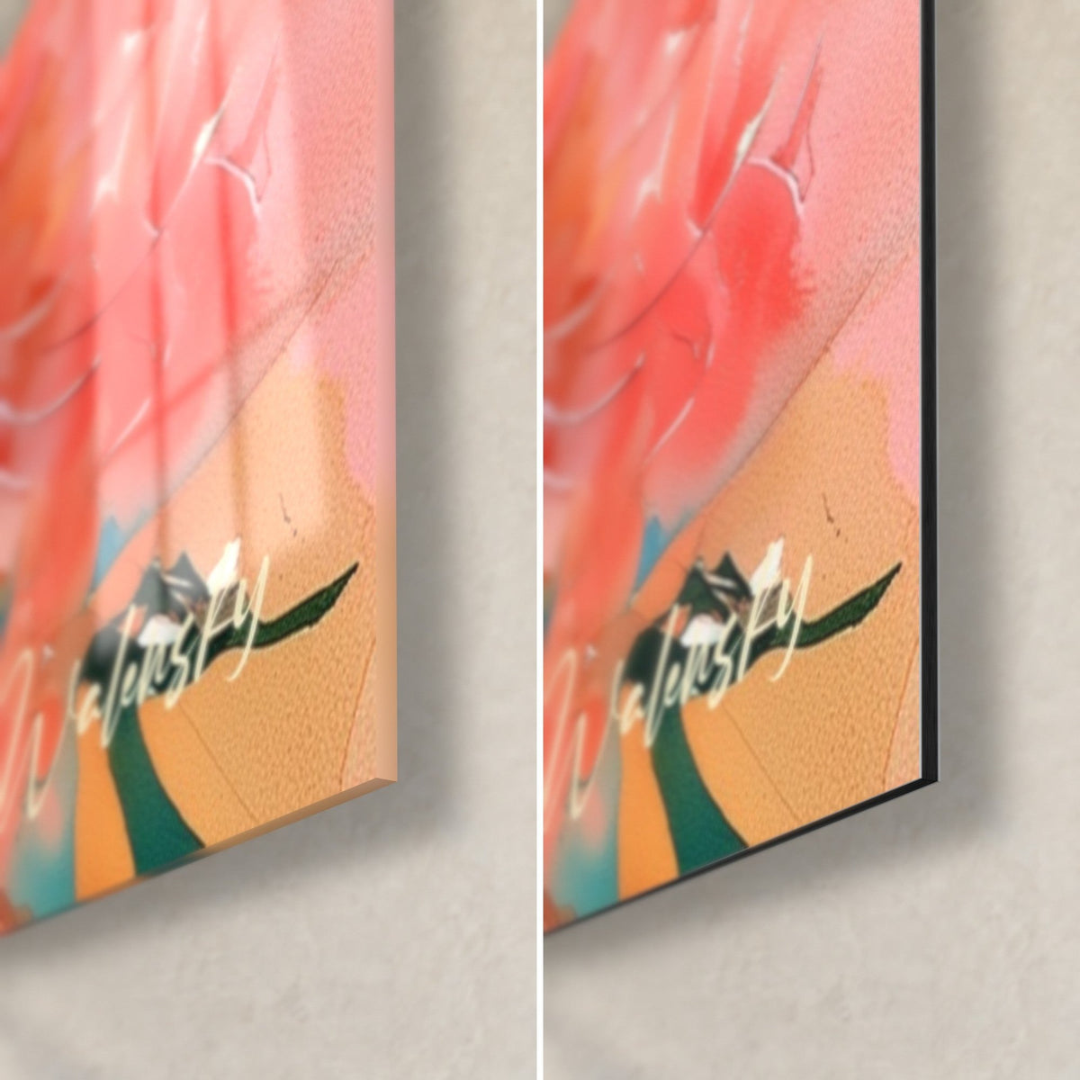 Wall art coral flowers and pink petals, bottom right corner: glossy acrylic glass on the left, matte black Dibond aluminum on the right