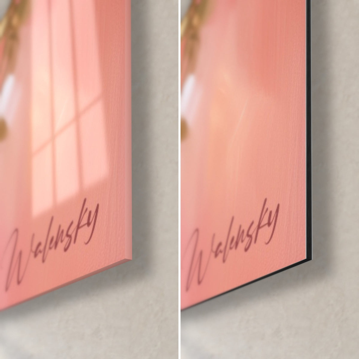 Tableau corolles rose pâle et pourpre, coin bas droit en verre brillant et alu Dibond noir mat, signature Walensky