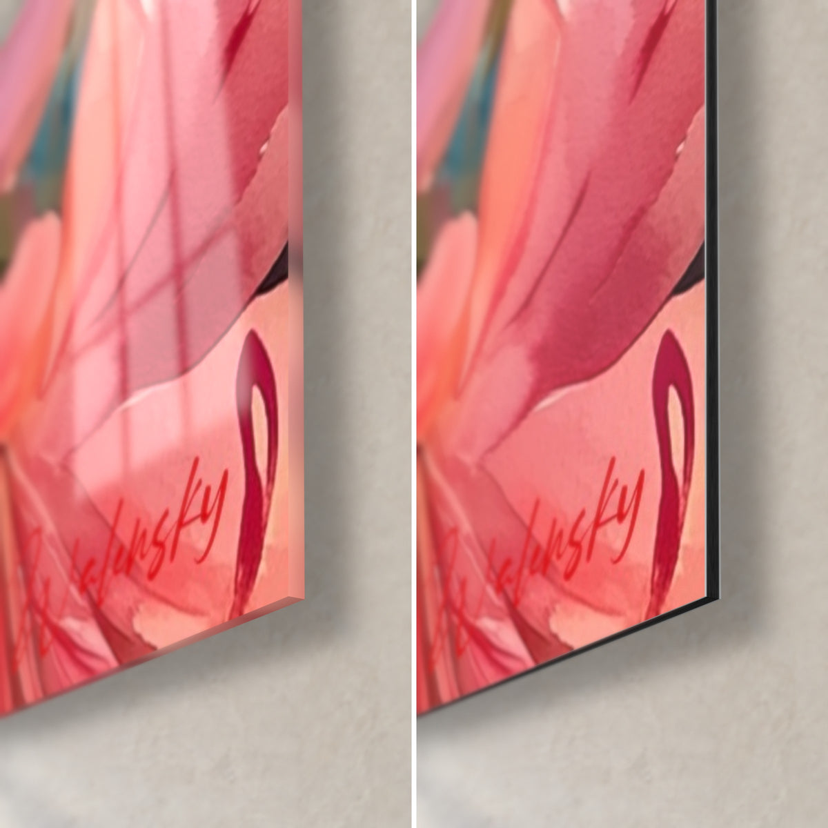 Tableau fleurs d'azalée rose vif, coin bas droit, verre acrylique brillant à gauche, alu Dibond mat à droite, tranche de 3 mm