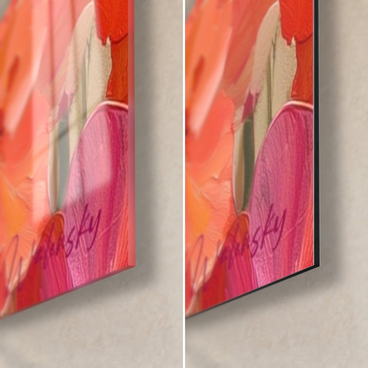 Tableau corolles magenta et orange peintes au couteau, coin bas droit : verre brillant à gauche, Dibond mat à droite