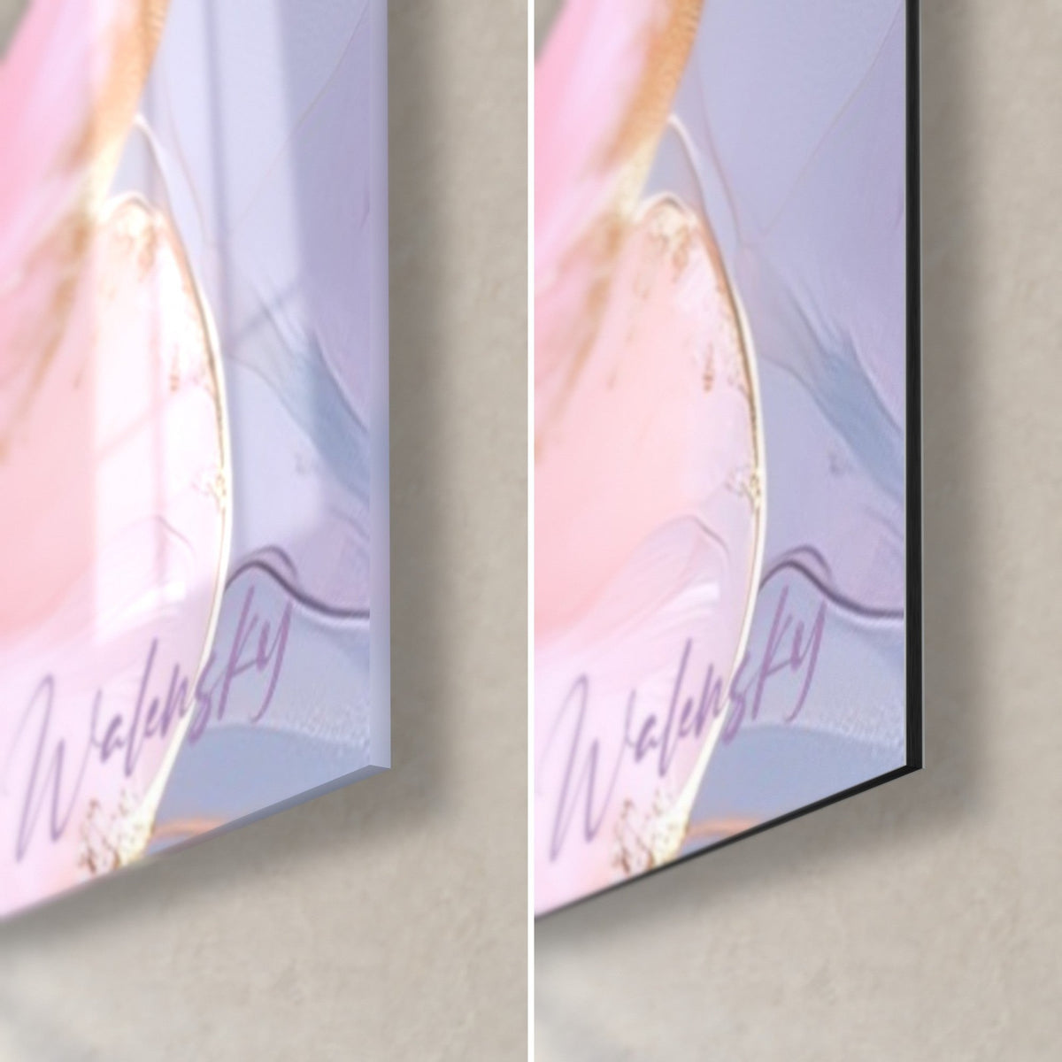 Quadro petali rosa e lavanda con glitter dorato, angolo in basso a destra, vetro lucido a sinistra, Dibond opaco a destra, spessore 3 mm