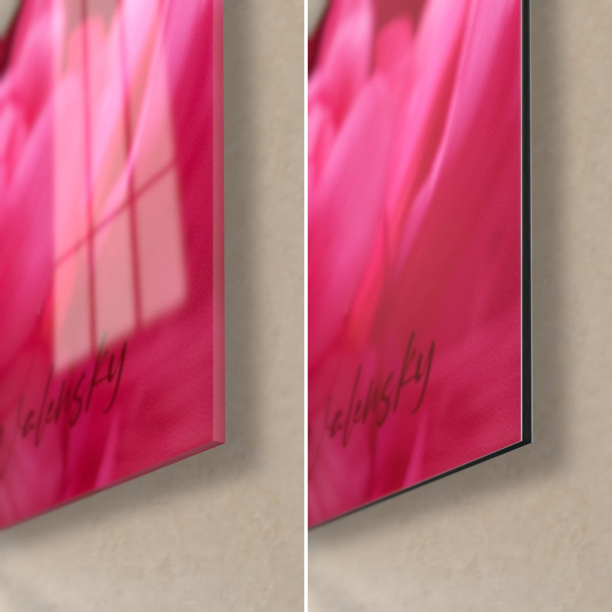 Tableau massif d'azalées rose vif et fuchsia, coin bas droit : verre acrylique brillant reflétant la fenêtre, Dibond mat noir