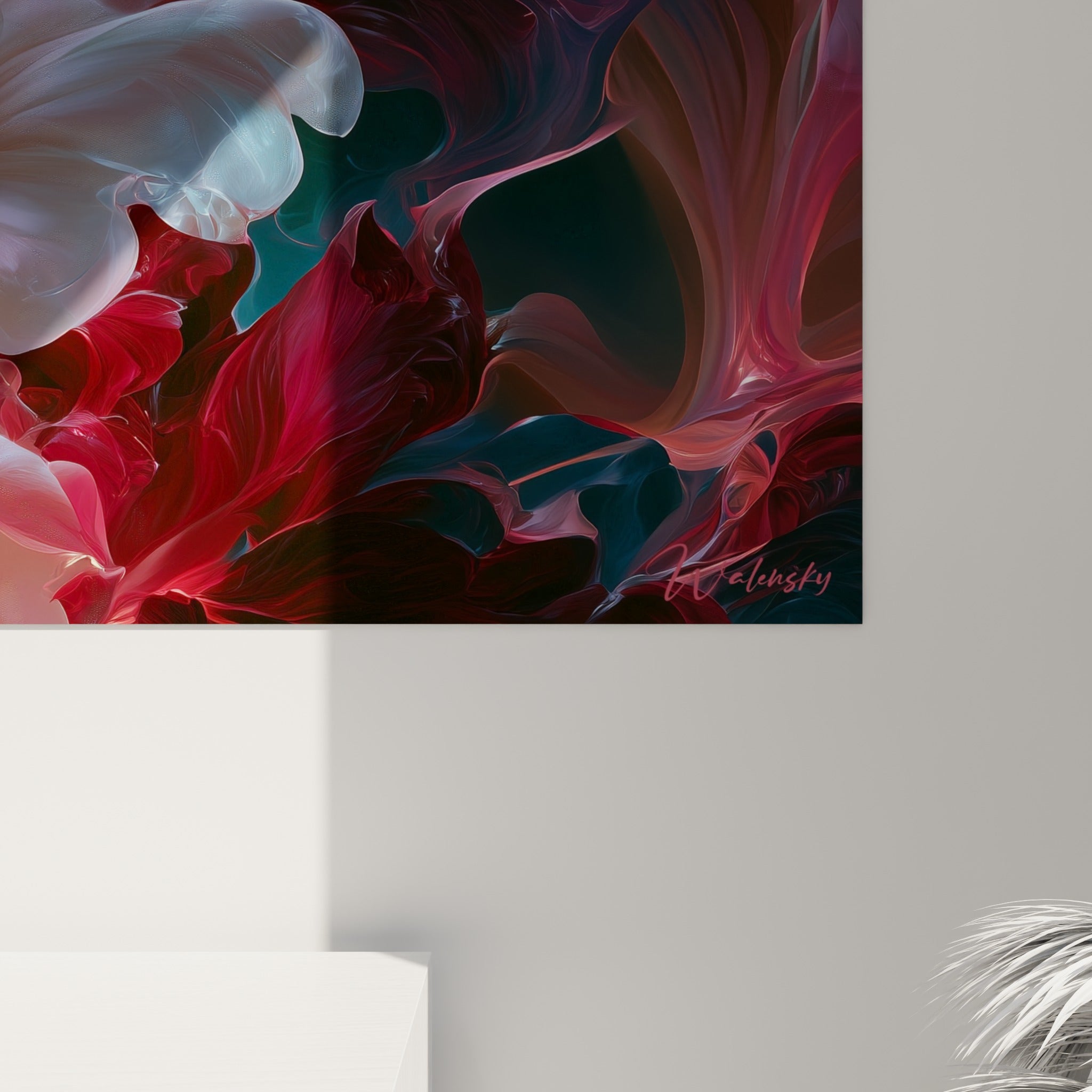 Détail des pétales blancs et roses de l'azalée, texture fluide et reflets dorés sur la toile