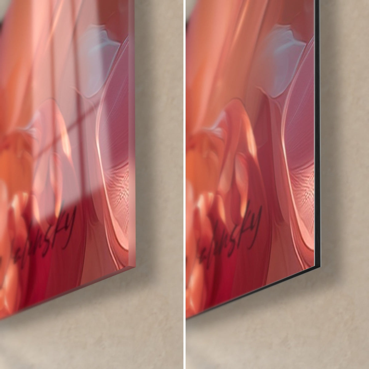 Quadro corolla bianca e rosa, angolo in basso a destra: vetro acrilico lucido con riflessi, alluminio Dibond opaco nero, bordo da 3 mm