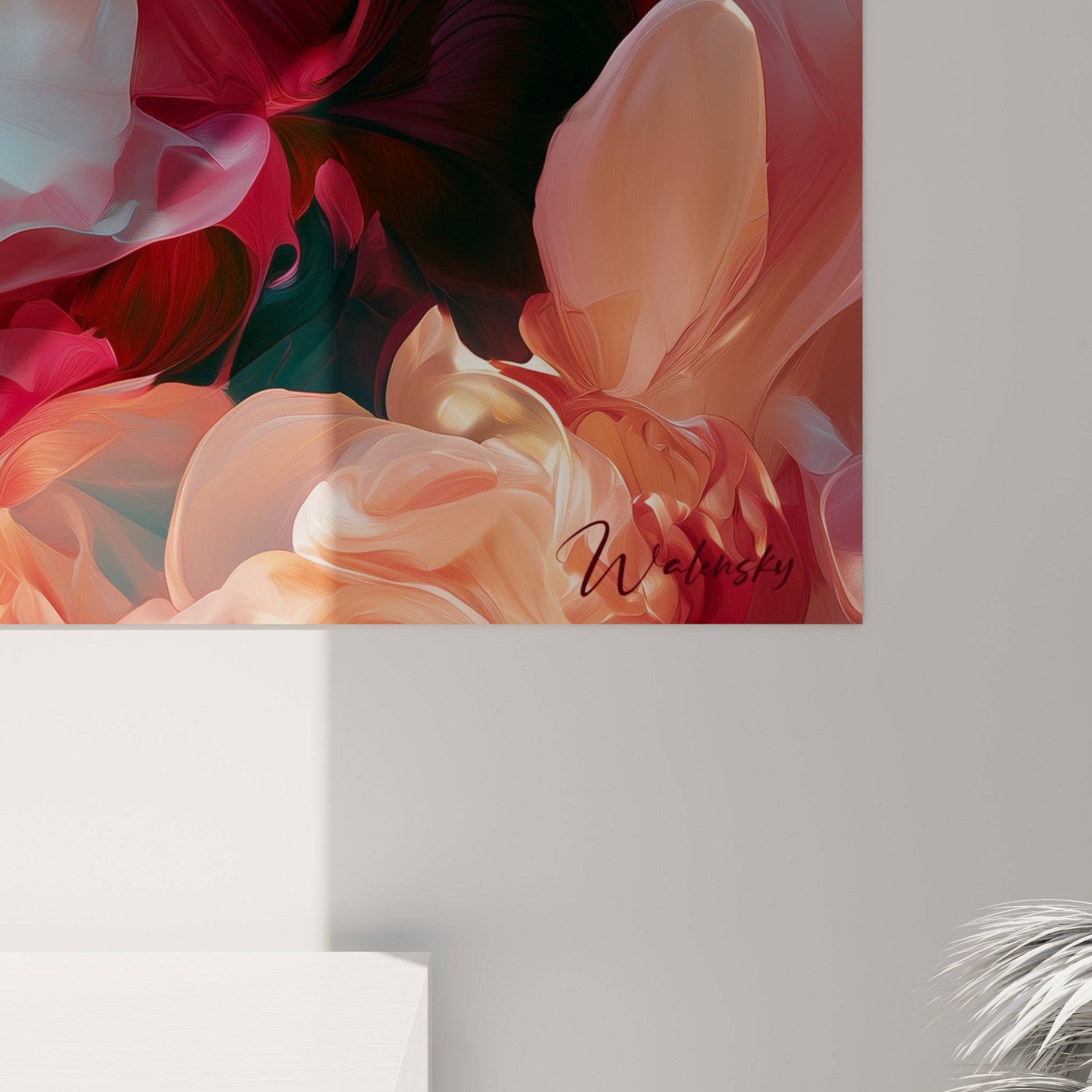 Détail des empâtements roses et blancs de l'azalée où la matière picturale révèle son grain et ses coulures orangées