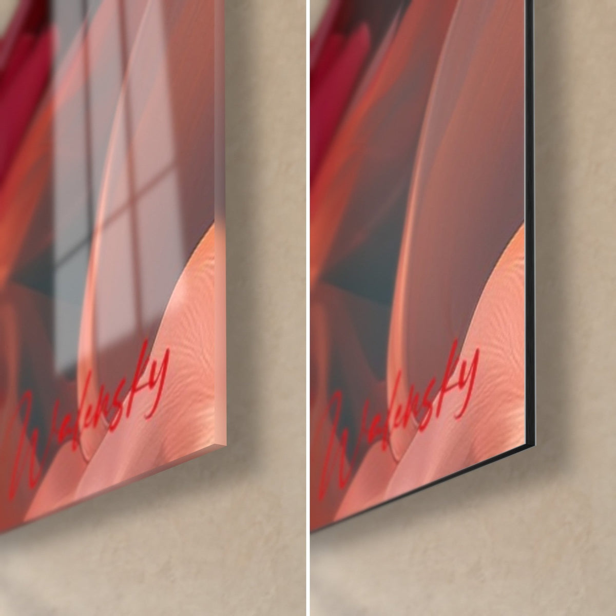 Tableau fleur blanche, coin bas droit : verre brillant à reflets rouges, Dibond mat corail et tranche noire de 3 mm