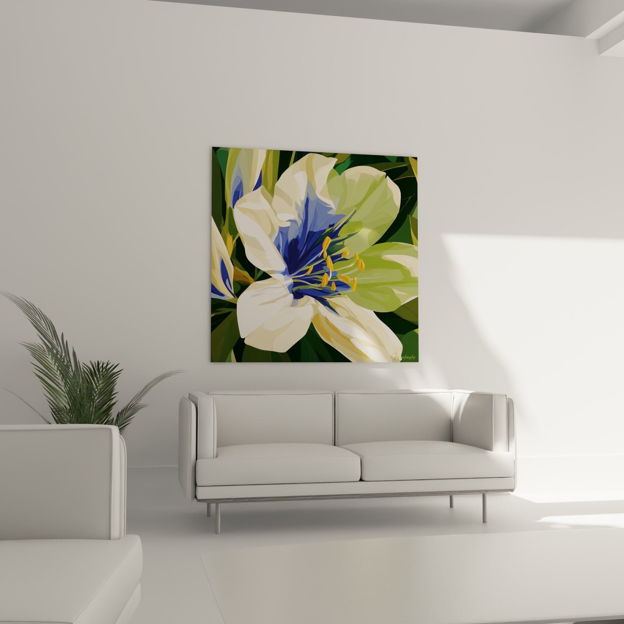 Azalée fleur blanche étamines dorées au-dessus d'un canapé dans un salon lumineux