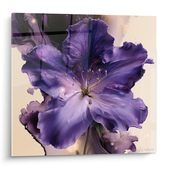 Azalée violette aux pétales veloutés et fond ivoire marbré, gros plan botanique lumineux