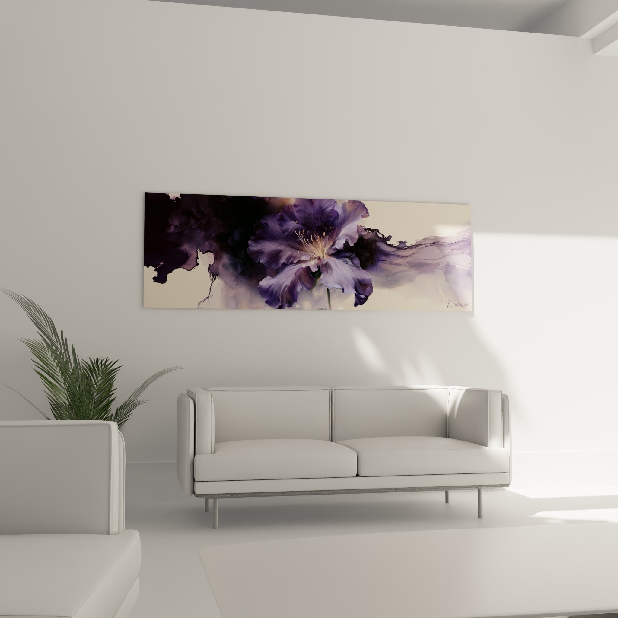 Pétales violets et lavande d'Azalée s'épanouissent en volutes encrées, au-dessus d'un canapé dans un salon lumineux.