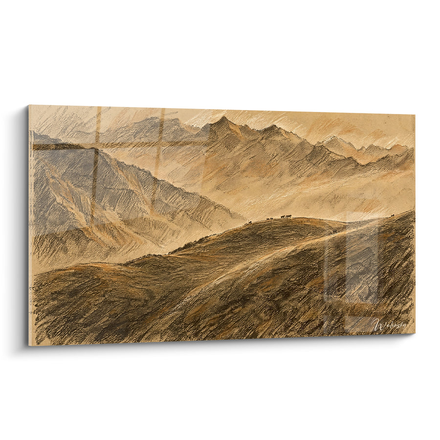 Painting Pyrenean Mountains Ochre and Brown Pencil - Pastoral Horizon - Bagnères-de-Luchon Edition Occitanie France