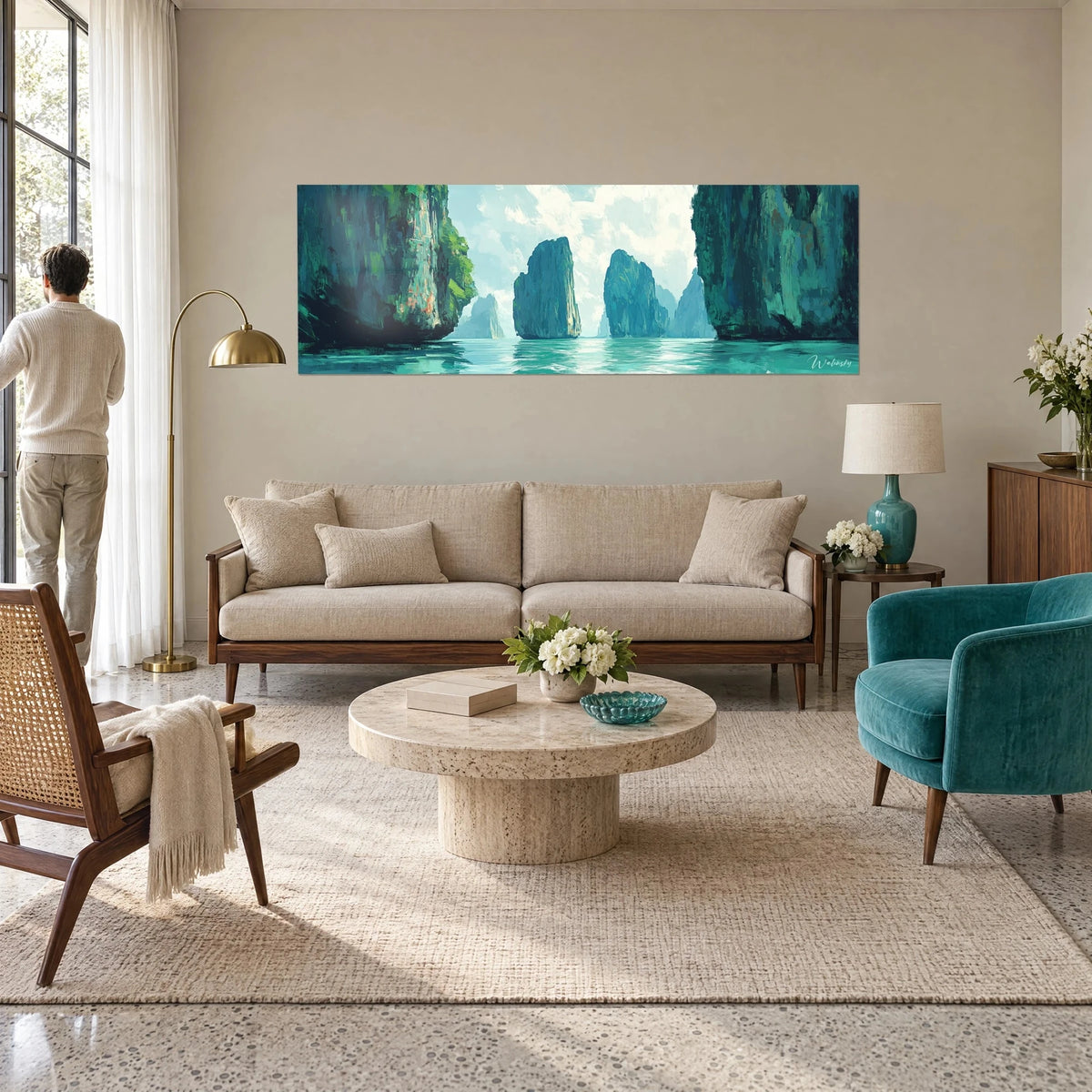 Tableau falaises calcaires turquoise et vert jaillissant d'une baie calme, un homme de dos, au-dessus d'un canapé dans un salon lumineux