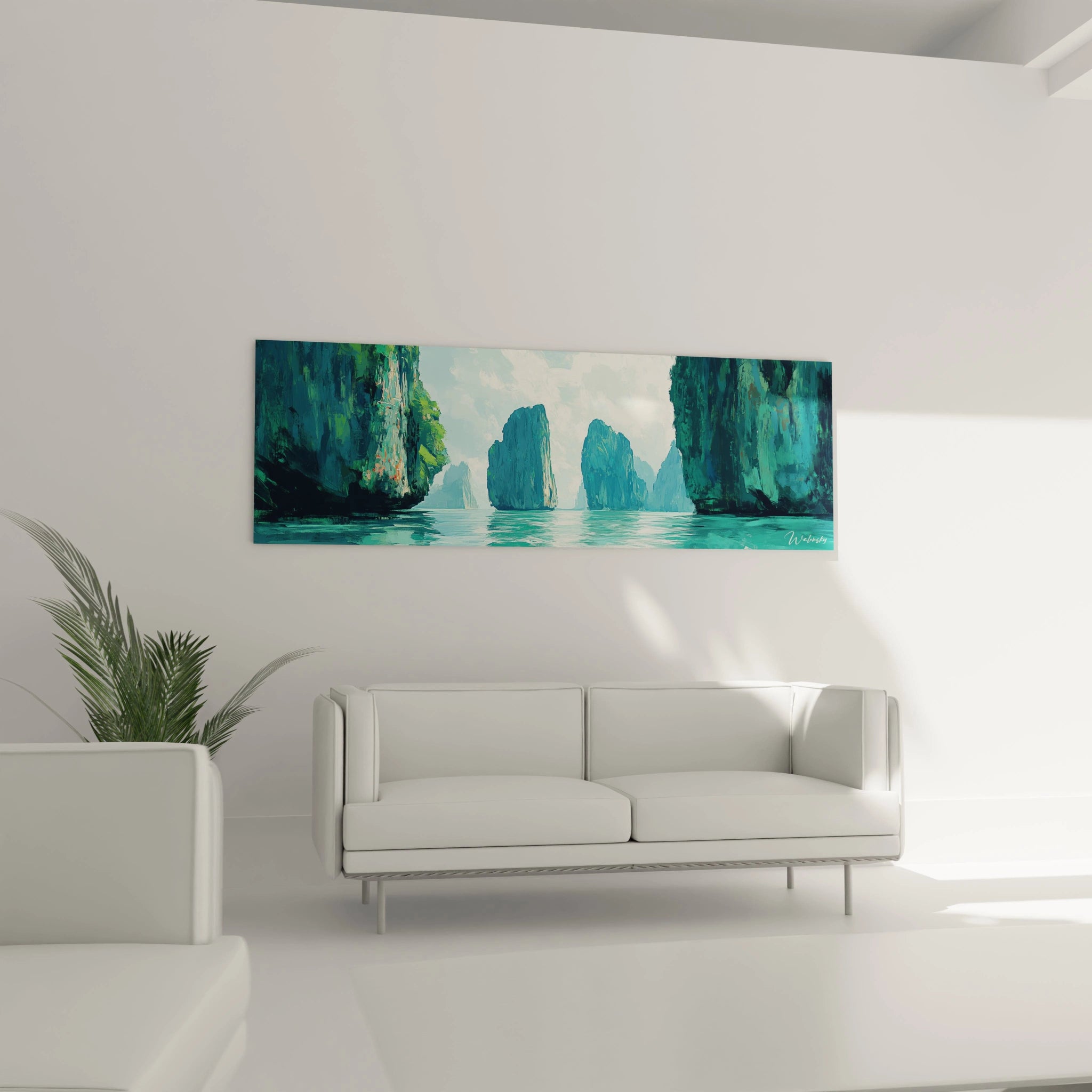 Un tableau paysage maritime aux teintes bleu-vert capturant une baie entourée de hautes formations rocheuses, avec une surface d'eau miroitante et un traitement de la lumière qui crée une atmosphère matinale paisible.
