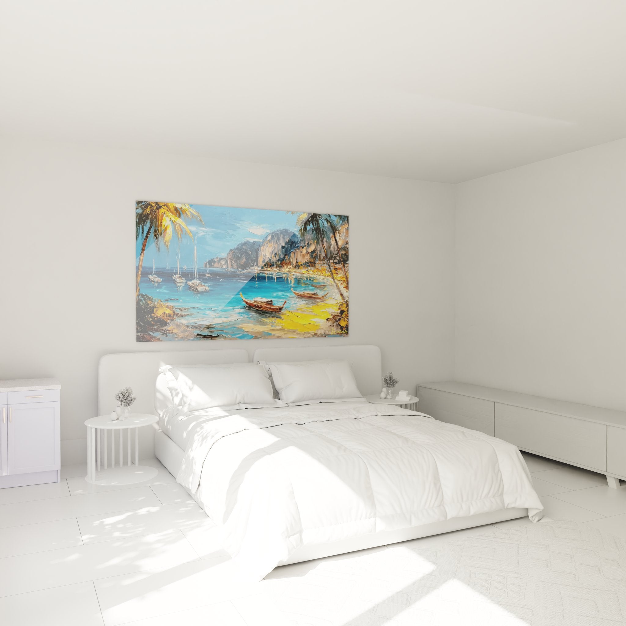 Décoration chambre tableau baie tropicale voiliers ambiance maritime méditerranéenne sur mur blanc