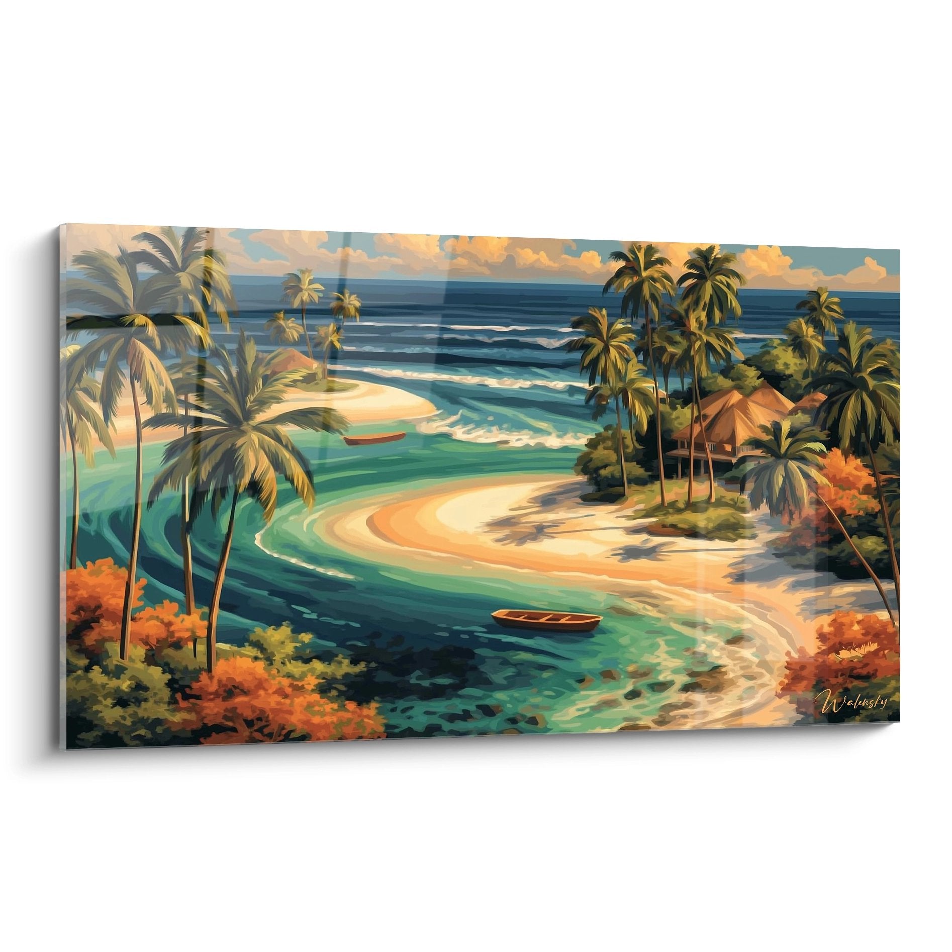 Tableau mural baie tropicale avec palmiers, eaux turquoise et bateaux traditionnels style Caraïbes paradisiaque