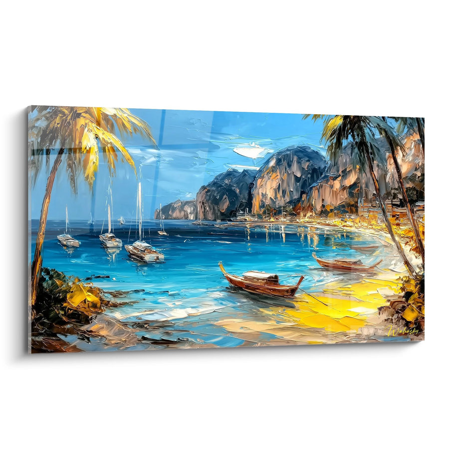 Tableau Baie Tropicale avec Voiliers - Paradis Méditerranéen - édition Plage