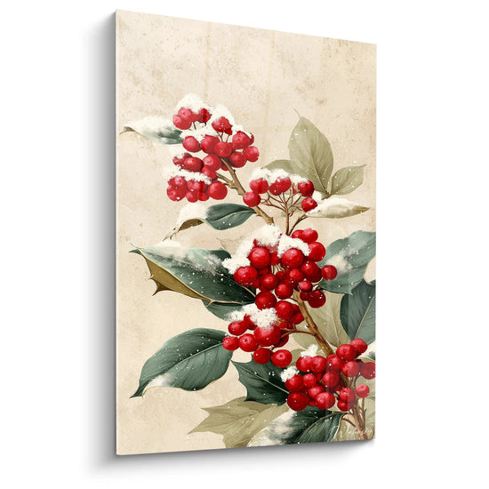 Quadro bacche rosse Natale con foglie verdi e un tocco di neve decorativa
